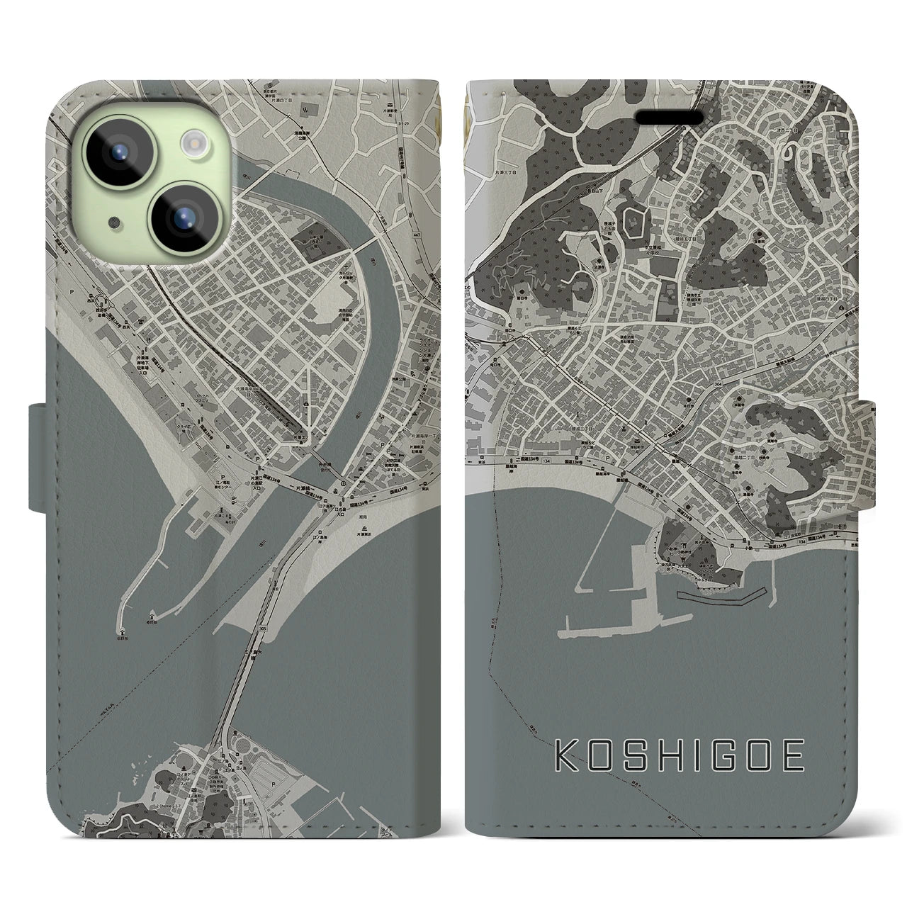 【腰越(神奈川県)】地図柄iPhoneケース(手帳タイプ)モノトーン・iPhone 15 用