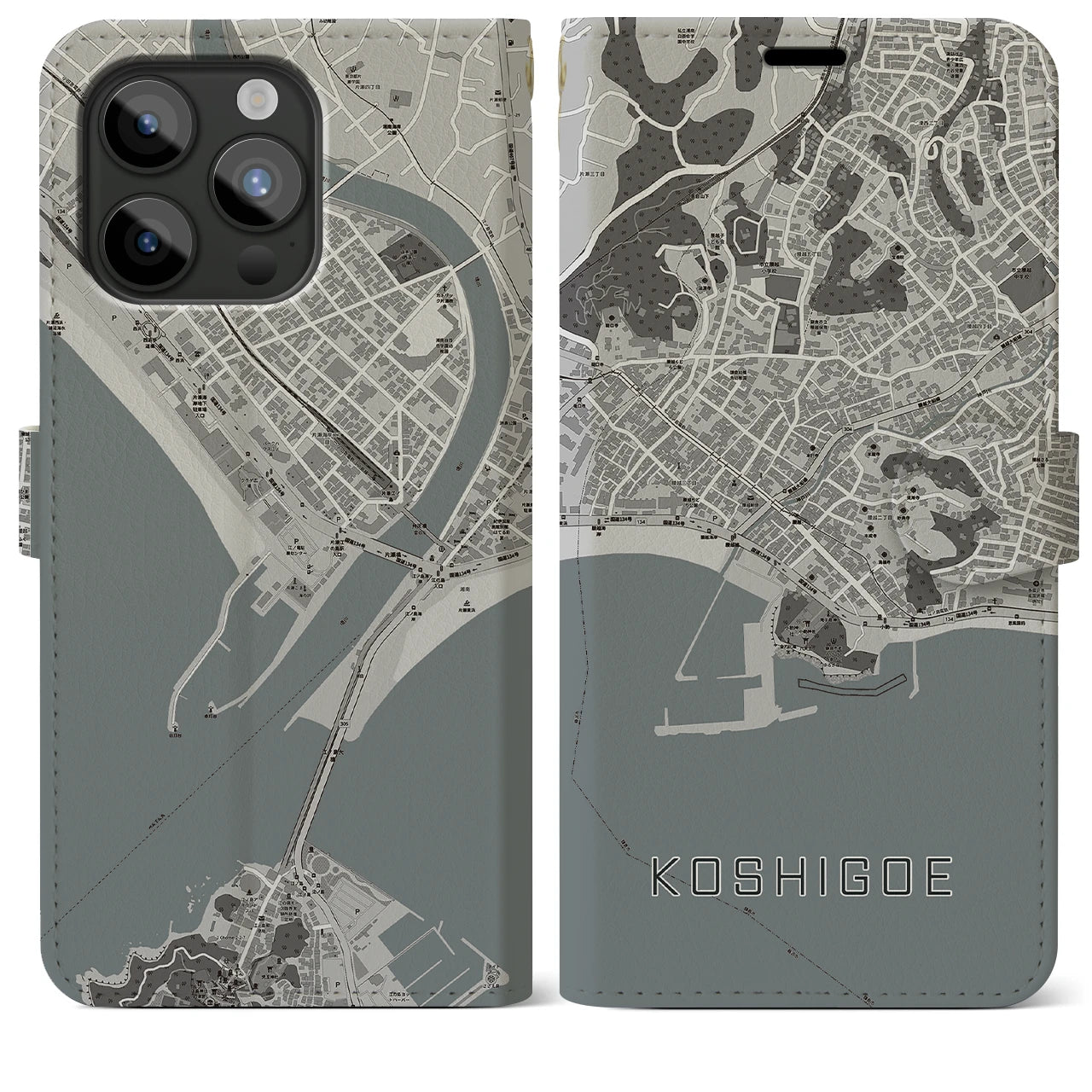 【腰越(神奈川県)】地図柄iPhoneケース(手帳タイプ)モノトーン・iPhone 15 Pro Max 用