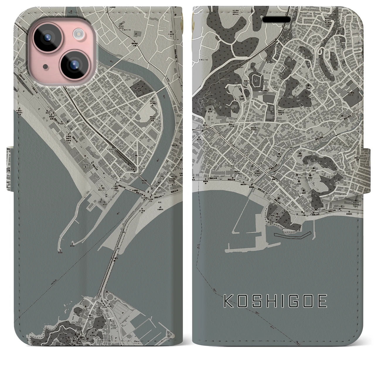 【腰越(神奈川県)】地図柄iPhoneケース(手帳タイプ)モノトーン・iPhone 15 Plus 用