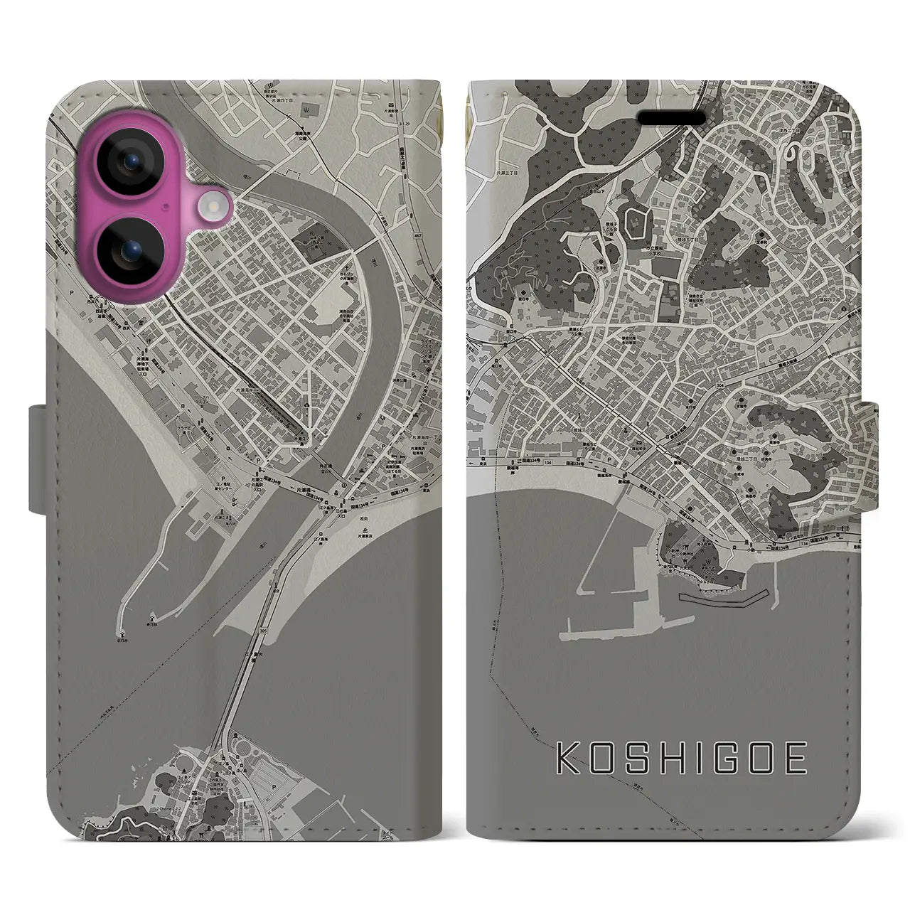 【腰越(神奈川県)】地図柄iPhoneケース(手帳タイプ)モノトーン・iPhone 16 Pro 用