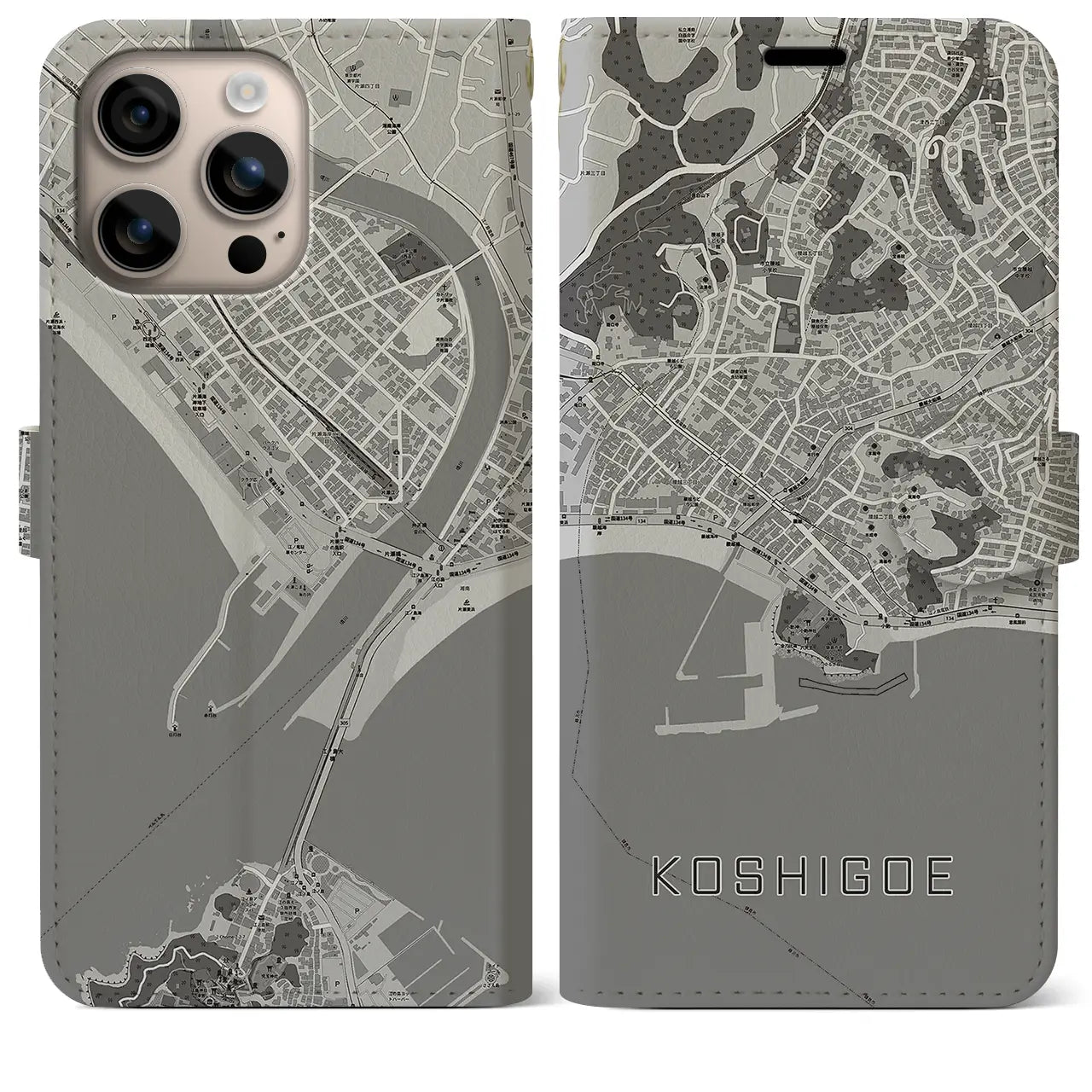 【腰越(神奈川県)】地図柄iPhoneケース(手帳タイプ)モノトーン・iPhone 16 Plus 用