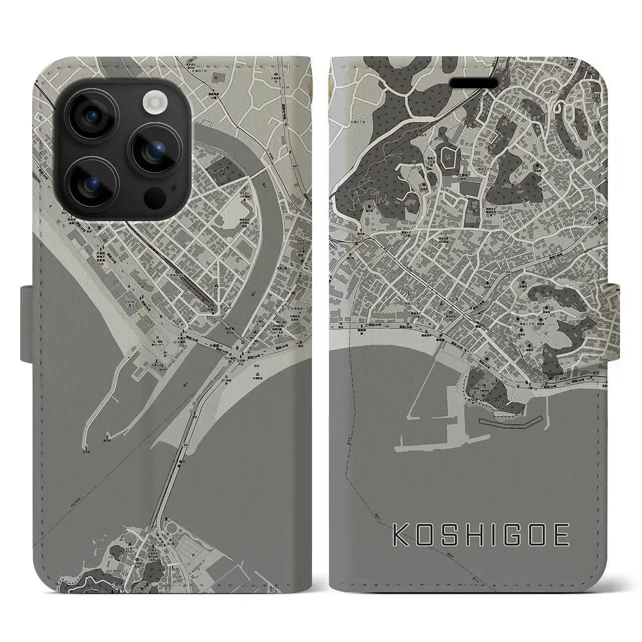 【腰越(神奈川県)】地図柄iPhoneケース(手帳タイプ)モノトーン・iPhone 16 用
