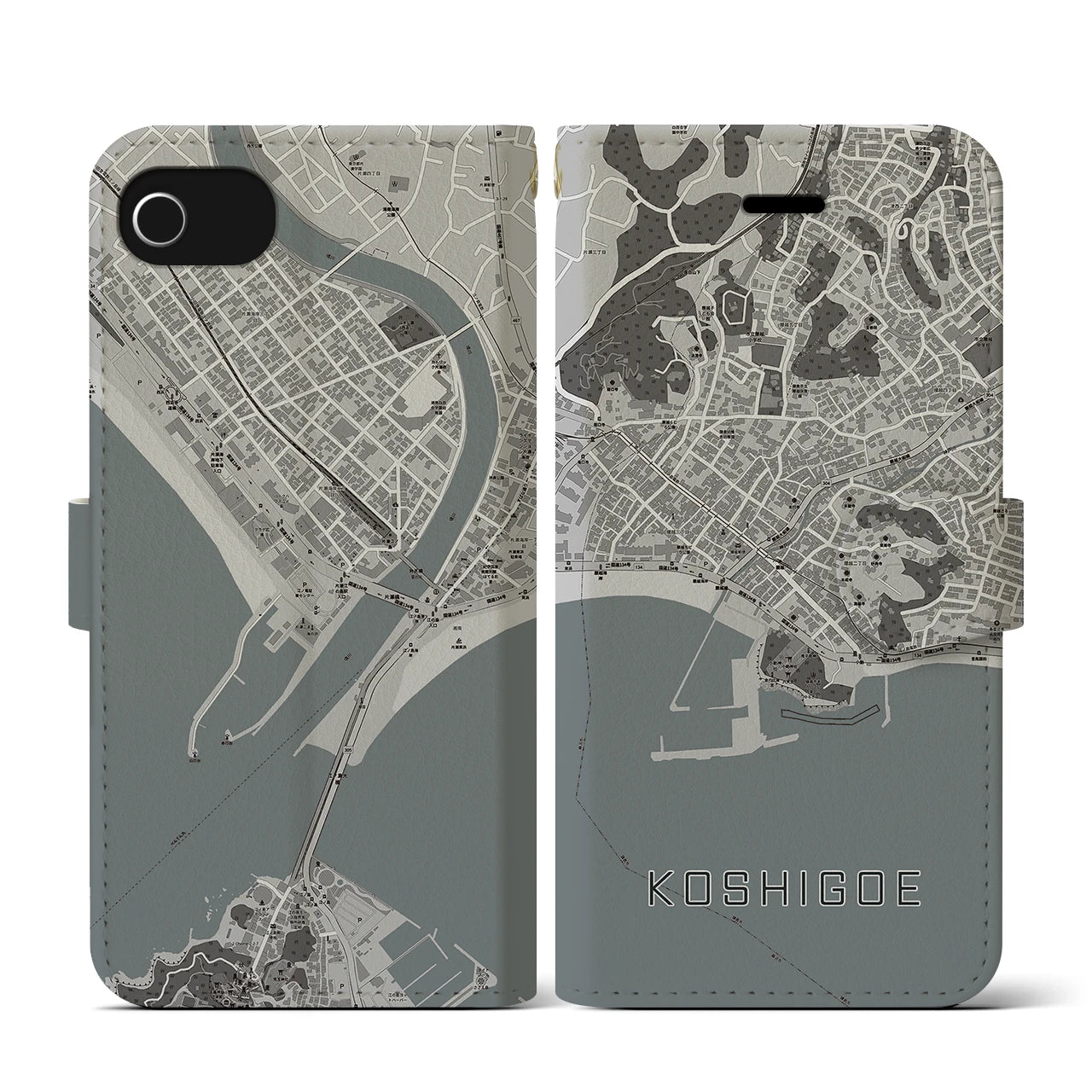 【腰越(神奈川県)】地図柄iPhoneケース(手帳タイプ)モノトーン・iPhone SE(第3 / 第2世代) / 8 / 7 / 6s / 6 用