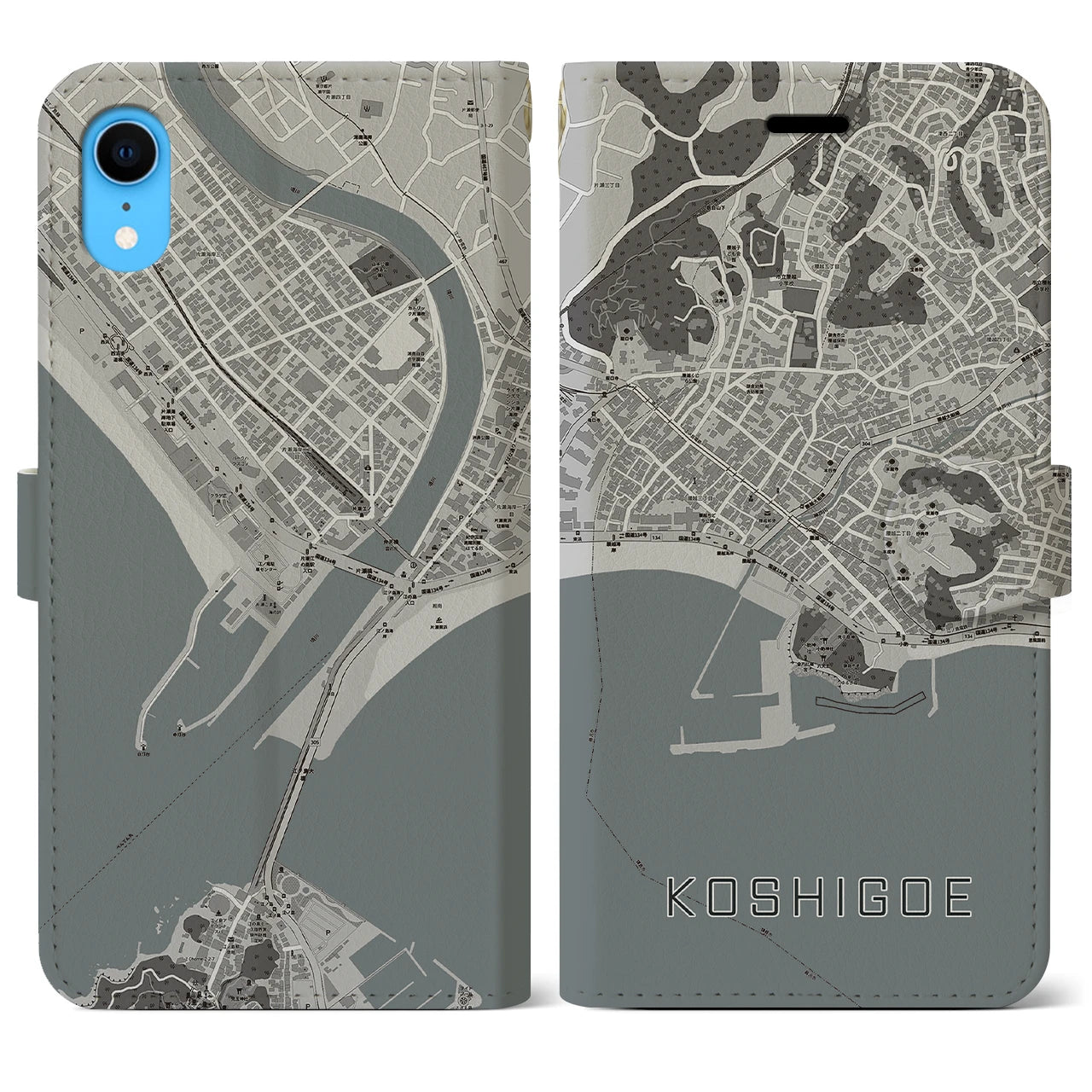 【腰越(神奈川県)】地図柄iPhoneケース(手帳タイプ)モノトーン・iPhone XR 用