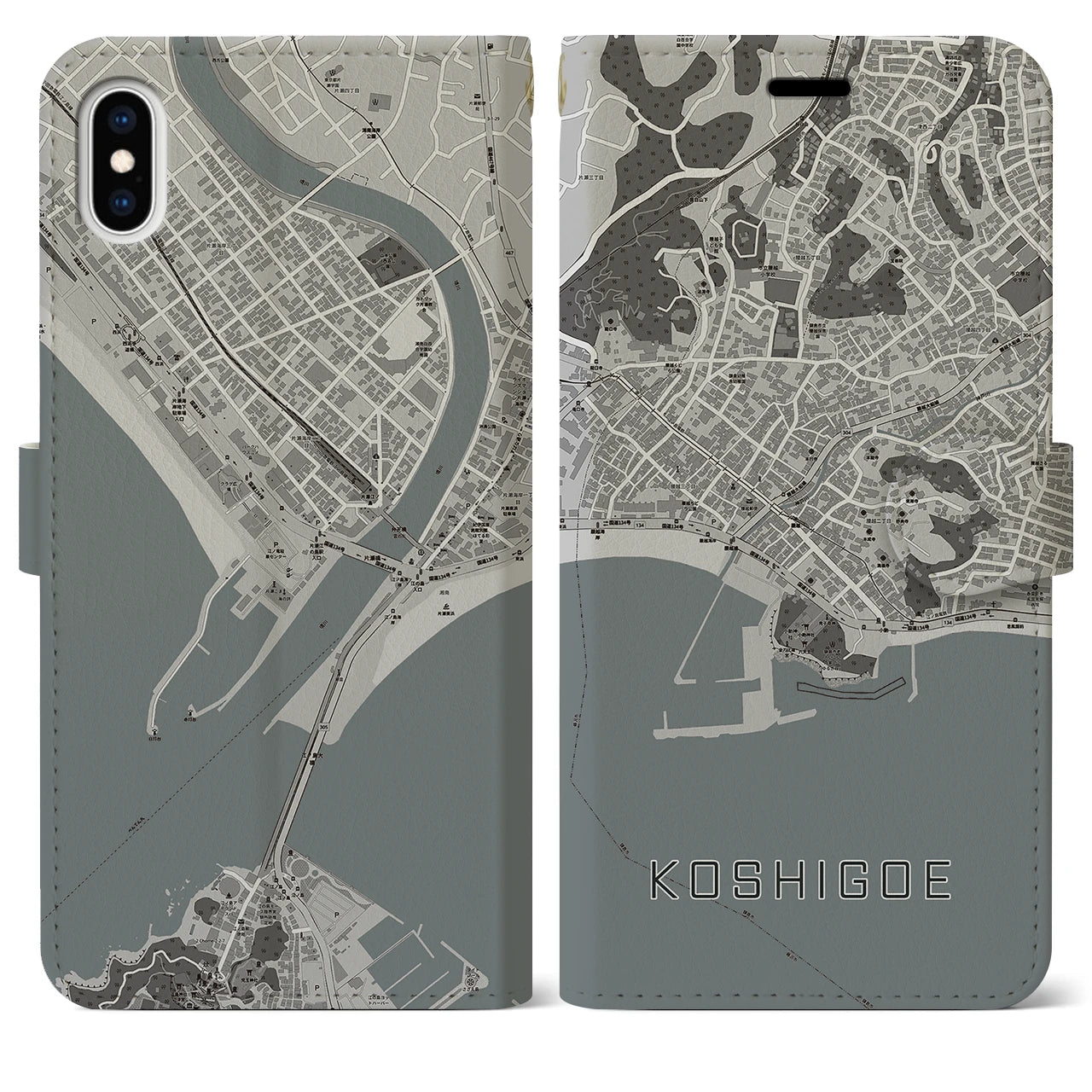 【腰越(神奈川県)】地図柄iPhoneケース(手帳タイプ)モノトーン・iPhone XS Max 用