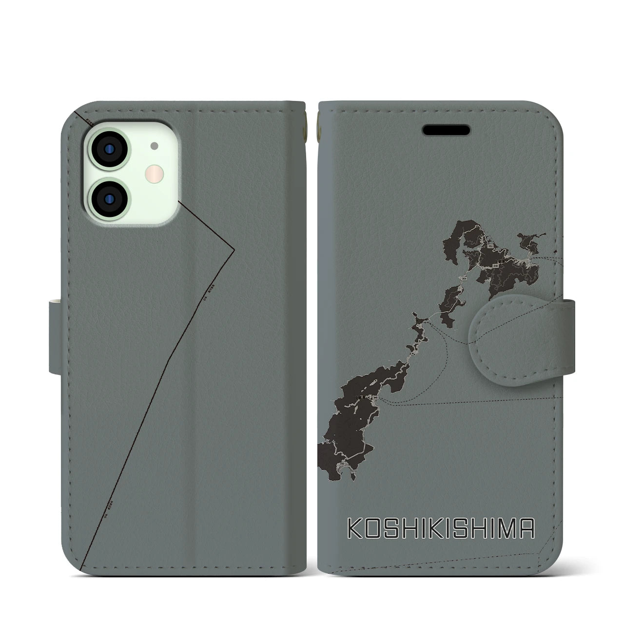 【甑島(鹿児島県)】地図柄iPhoneケース(手帳タイプ)モノトーン・iPhone 12 mini 用