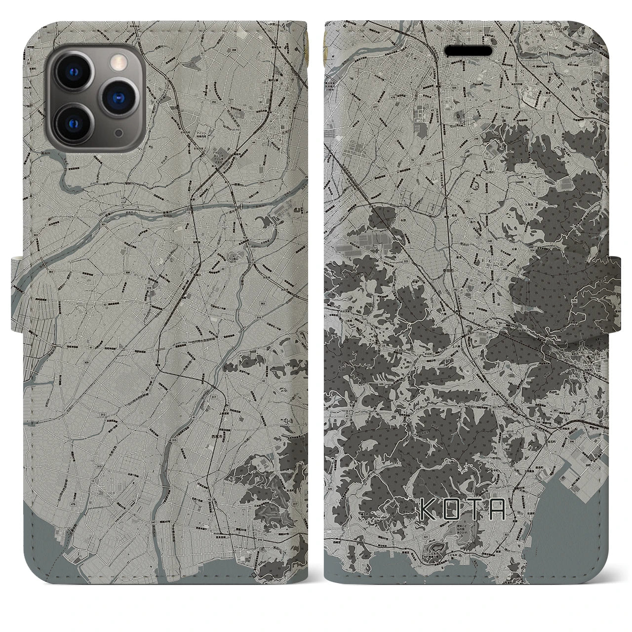 【幸田(愛知県)】地図柄iPhoneケース(手帳タイプ)モノトーン・iPhone 11 Pro Max 用