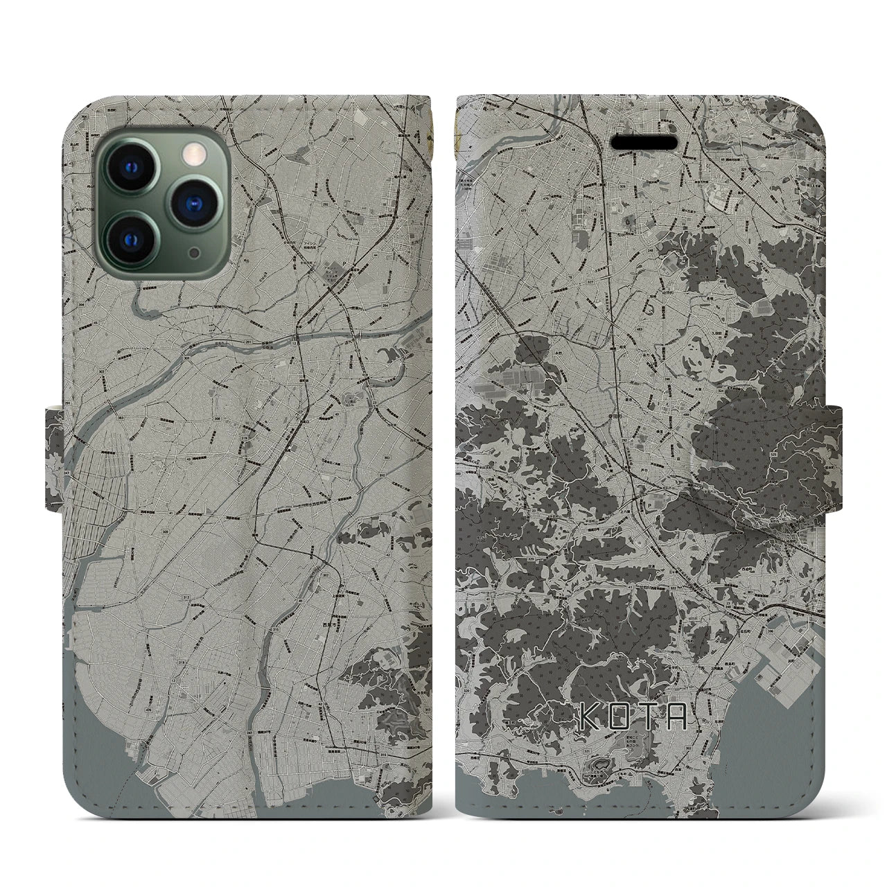 【幸田(愛知県)】地図柄iPhoneケース(手帳タイプ)モノトーン・iPhone 11 Pro 用