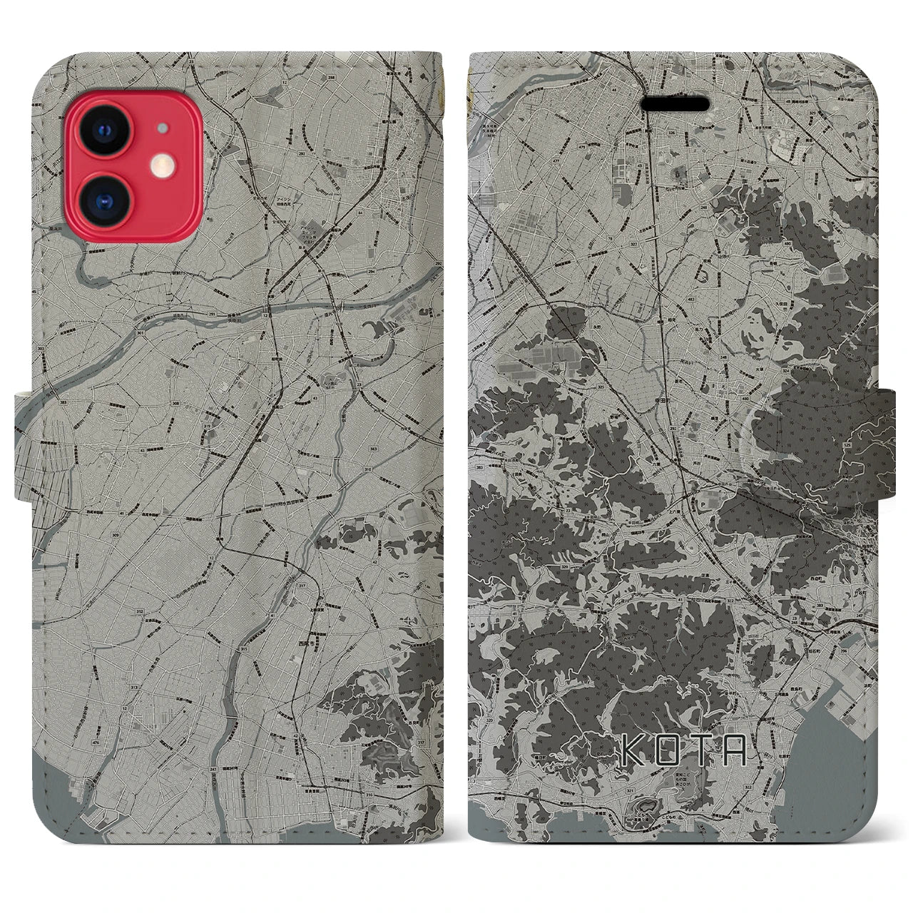 【幸田(愛知県)】地図柄iPhoneケース(手帳タイプ)モノトーン・iPhone 11 用