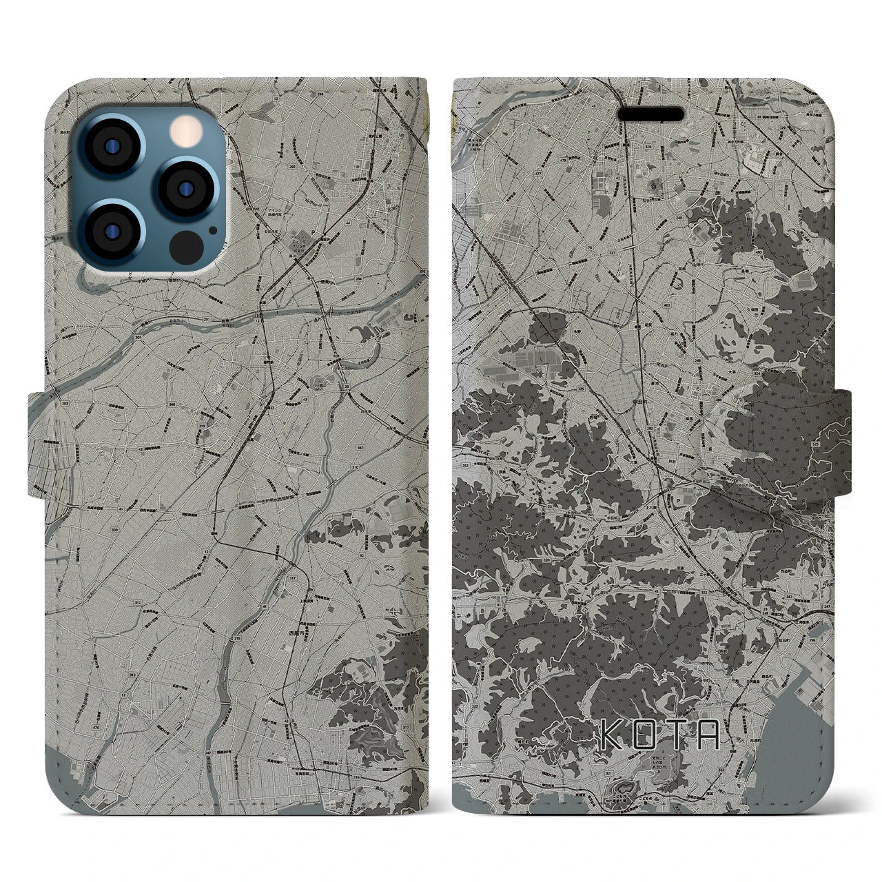 【幸田(愛知県)】地図柄iPhoneケース(手帳タイプ)モノトーン・iPhone 12 / 12 Pro 用