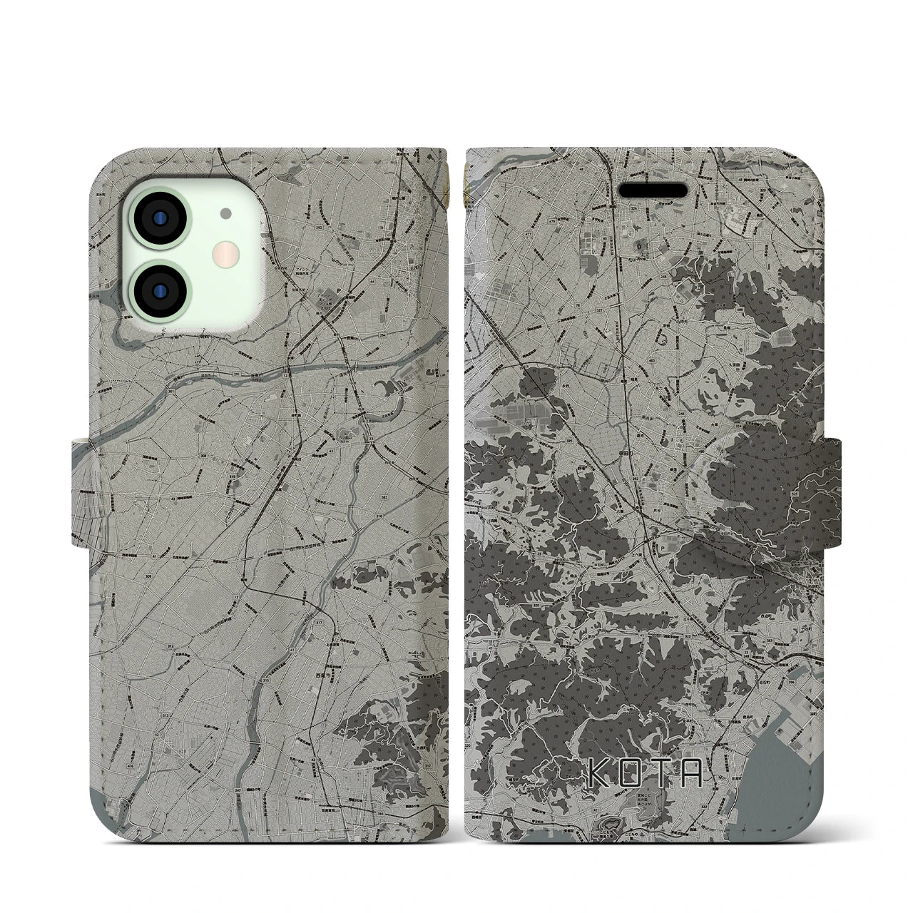 【幸田(愛知県)】地図柄iPhoneケース(手帳タイプ)モノトーン・iPhone 12 mini 用