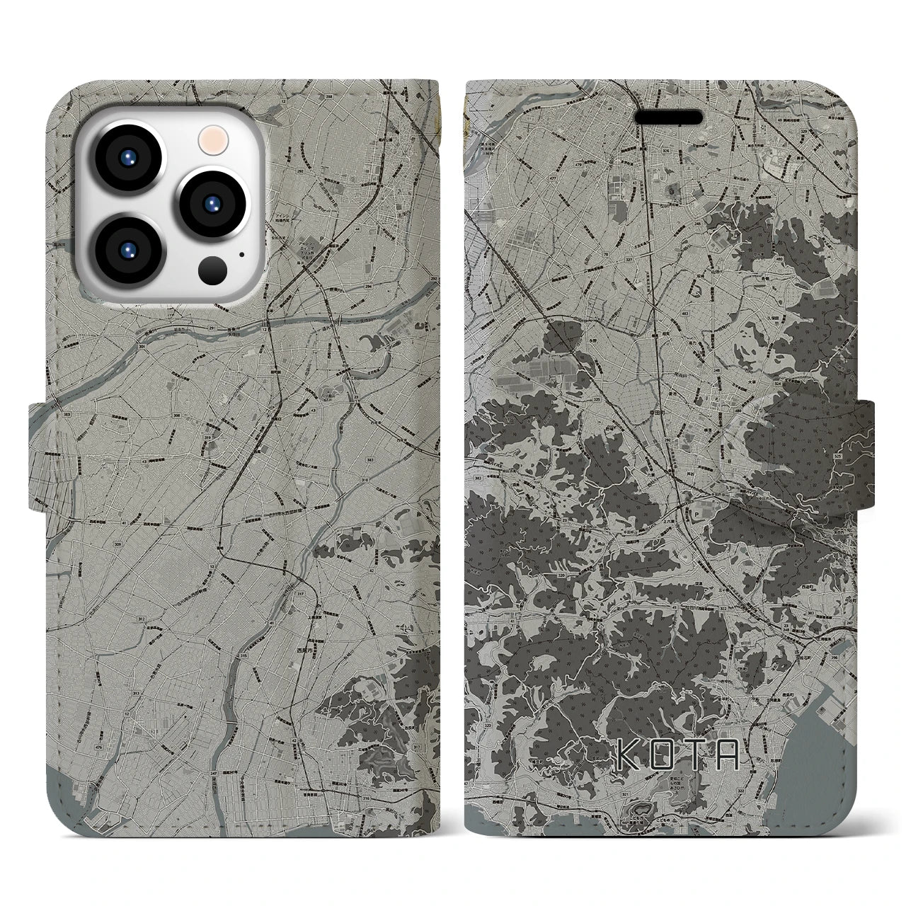 【幸田(愛知県)】地図柄iPhoneケース(手帳タイプ)モノトーン・iPhone 13 Pro 用