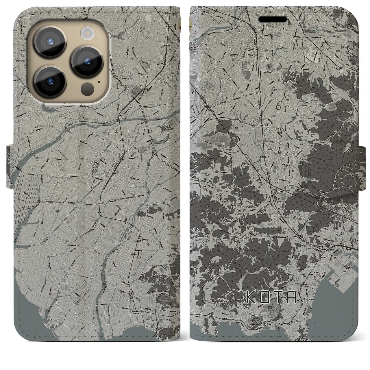 【幸田(愛知県)】地図柄iPhoneケース(手帳タイプ)モノトーン・iPhone 14 Pro Max 用