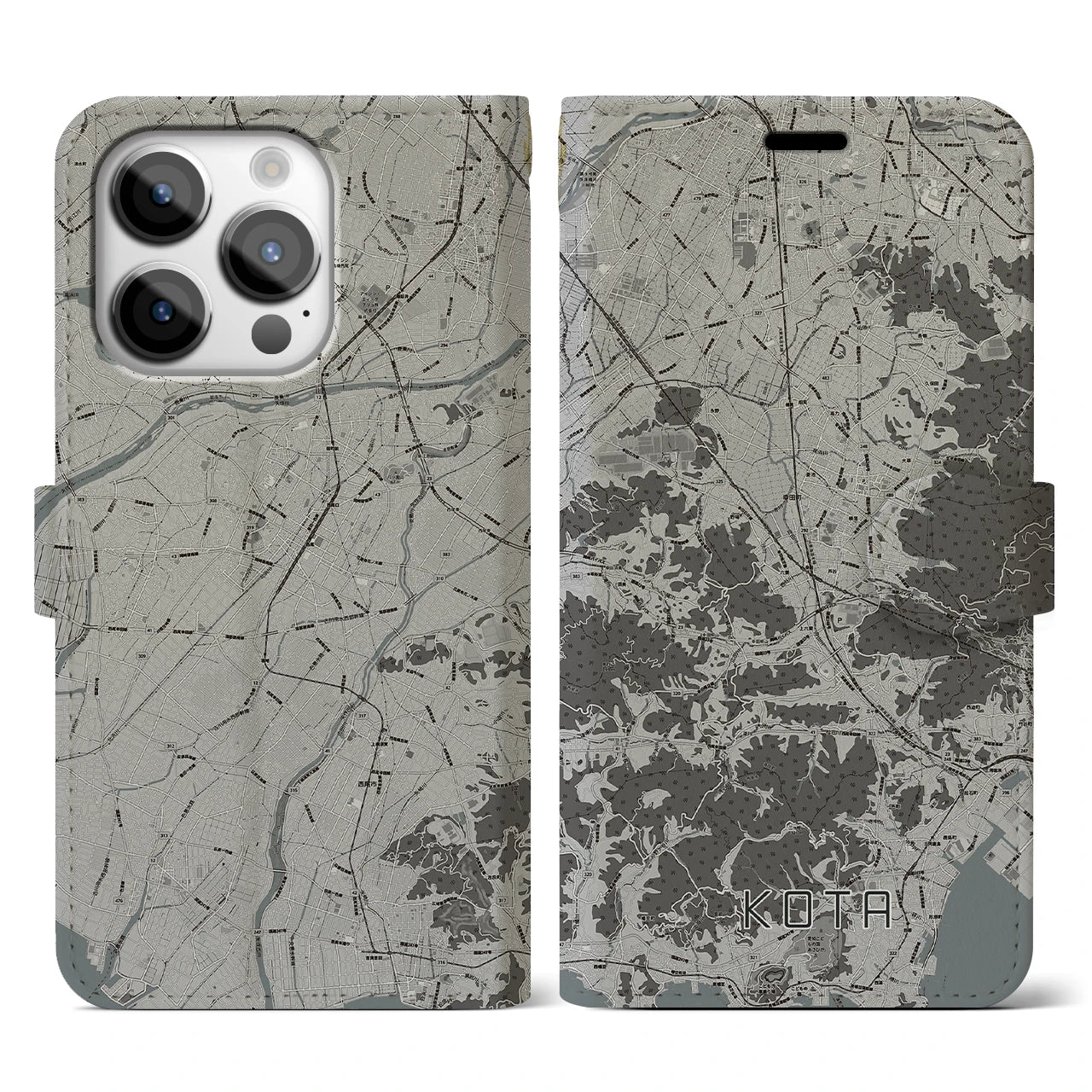 【幸田(愛知県)】地図柄iPhoneケース(手帳タイプ)モノトーン・iPhone 14 Pro 用