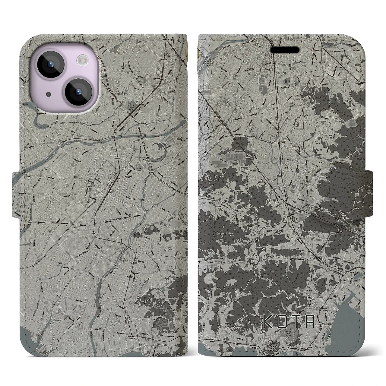 【幸田(愛知県)】地図柄iPhoneケース(手帳タイプ)モノトーン・iPhone 14 用