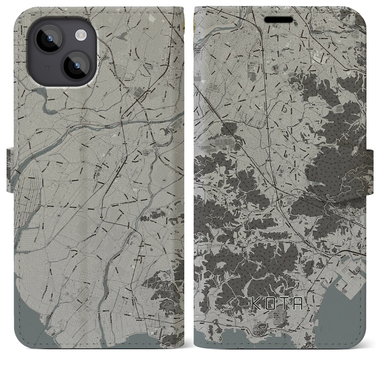 【幸田(愛知県)】地図柄iPhoneケース(手帳タイプ)モノトーン・iPhone 14 Plus 用