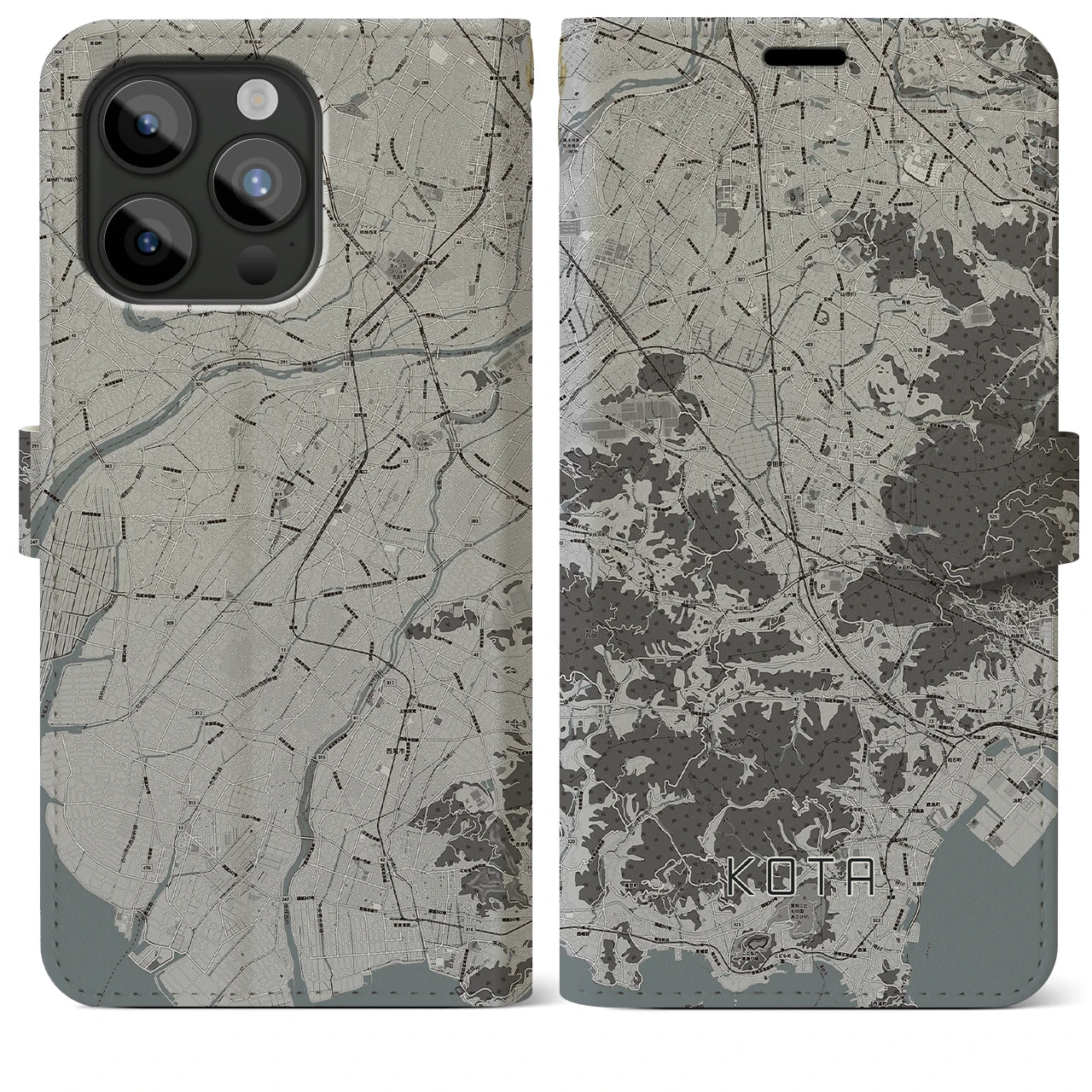 【幸田(愛知県)】地図柄iPhoneケース(手帳タイプ)モノトーン・iPhone 15 Pro Max 用