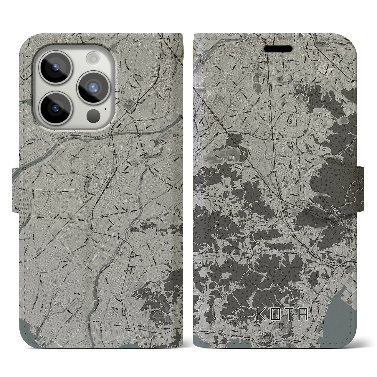 【幸田(愛知県)】地図柄iPhoneケース(手帳タイプ)モノトーン・iPhone 15 Pro 用