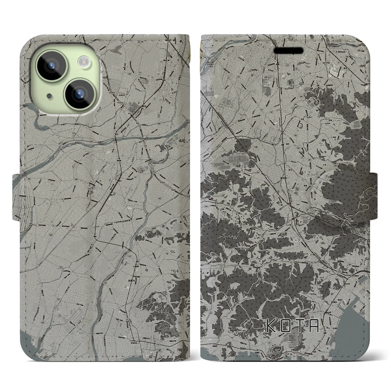 【幸田(愛知県)】地図柄iPhoneケース(手帳タイプ)モノトーン・iPhone 15 用