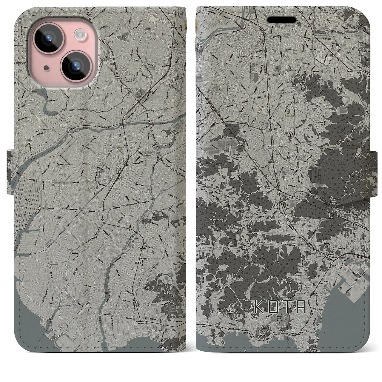 【幸田(愛知県)】地図柄iPhoneケース(手帳タイプ)モノトーン・iPhone 15 Plus 用