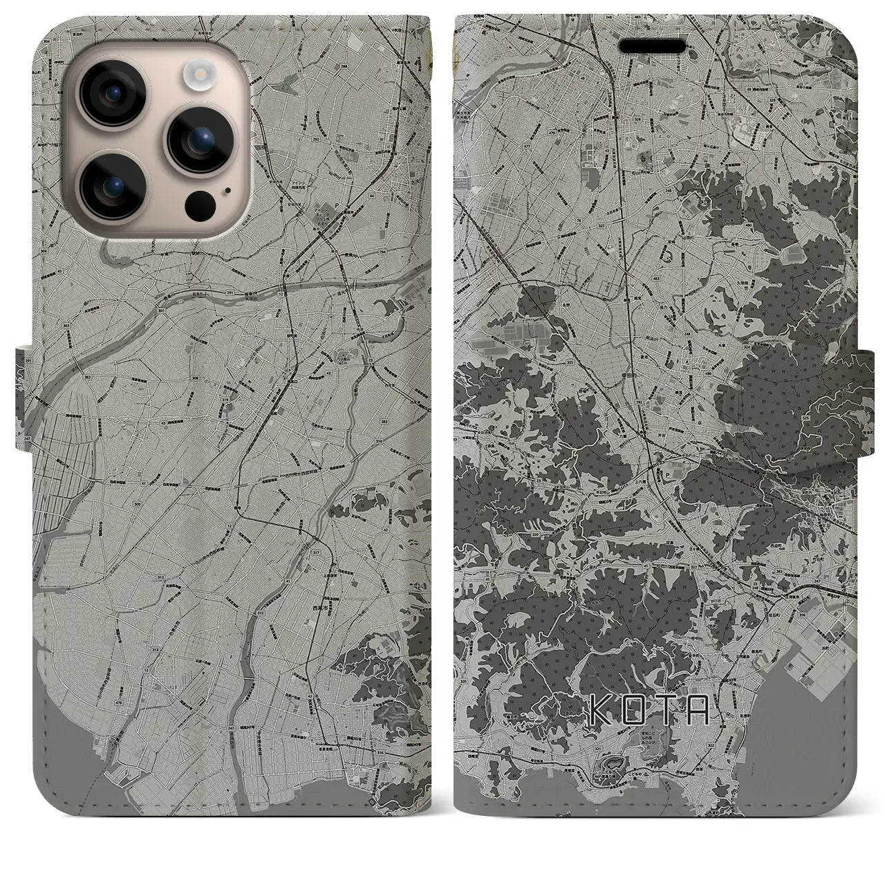 【幸田(愛知県)】地図柄iPhoneケース(手帳タイプ)モノトーン・iPhone 16 Plus 用