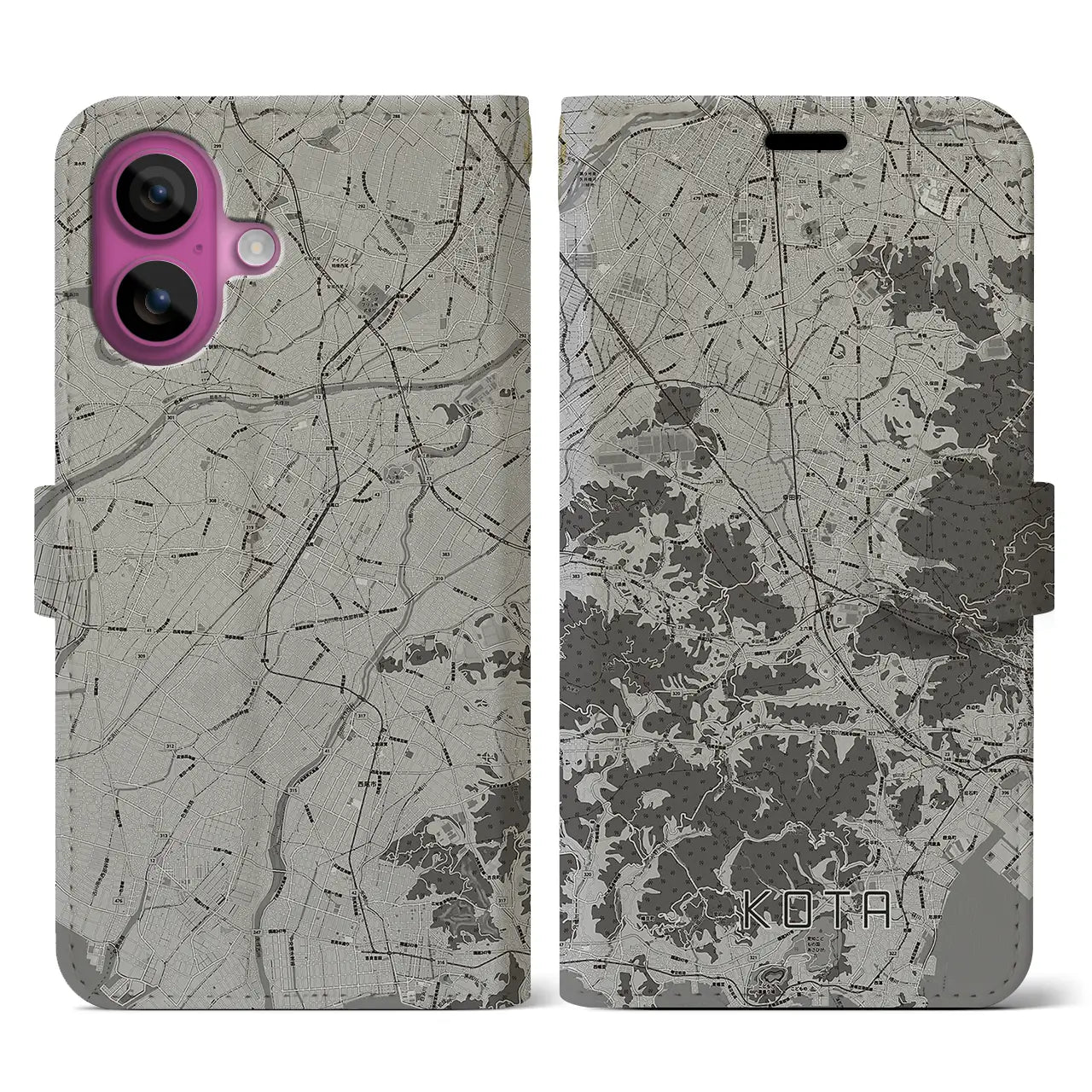 【幸田(愛知県)】地図柄iPhoneケース(手帳タイプ)モノトーン・iPhone 16 Pro 用