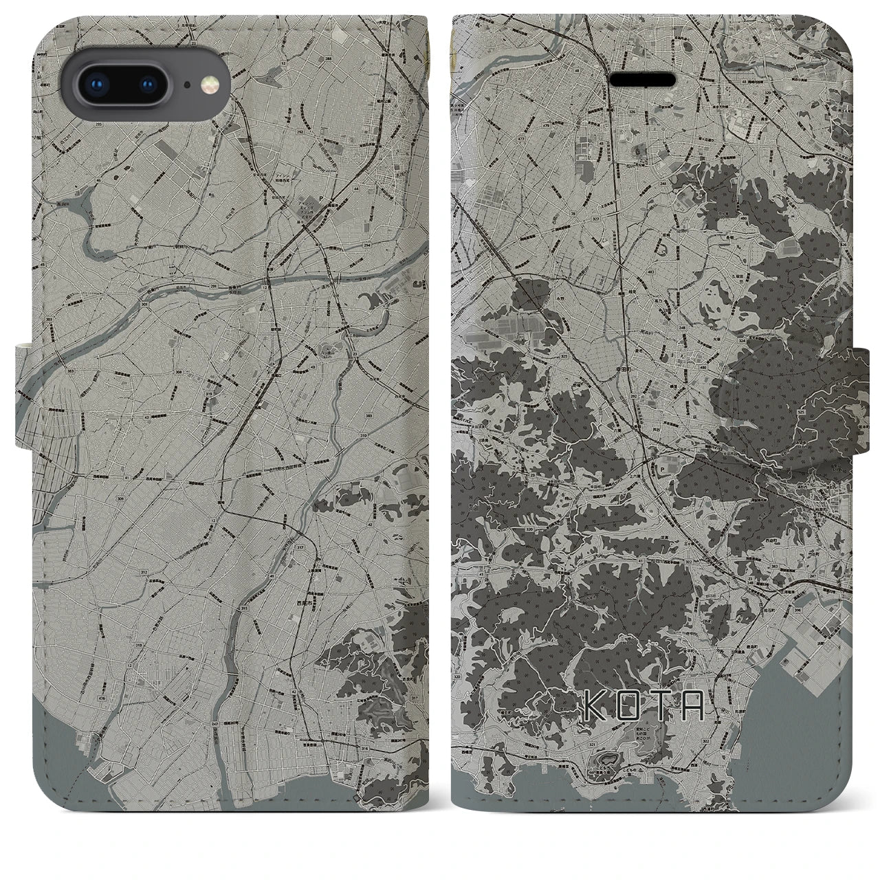 【幸田(愛知県)】地図柄iPhoneケース(手帳タイプ)モノトーン・iPhone 8Plus /7Plus / 6sPlus / 6Plus 用