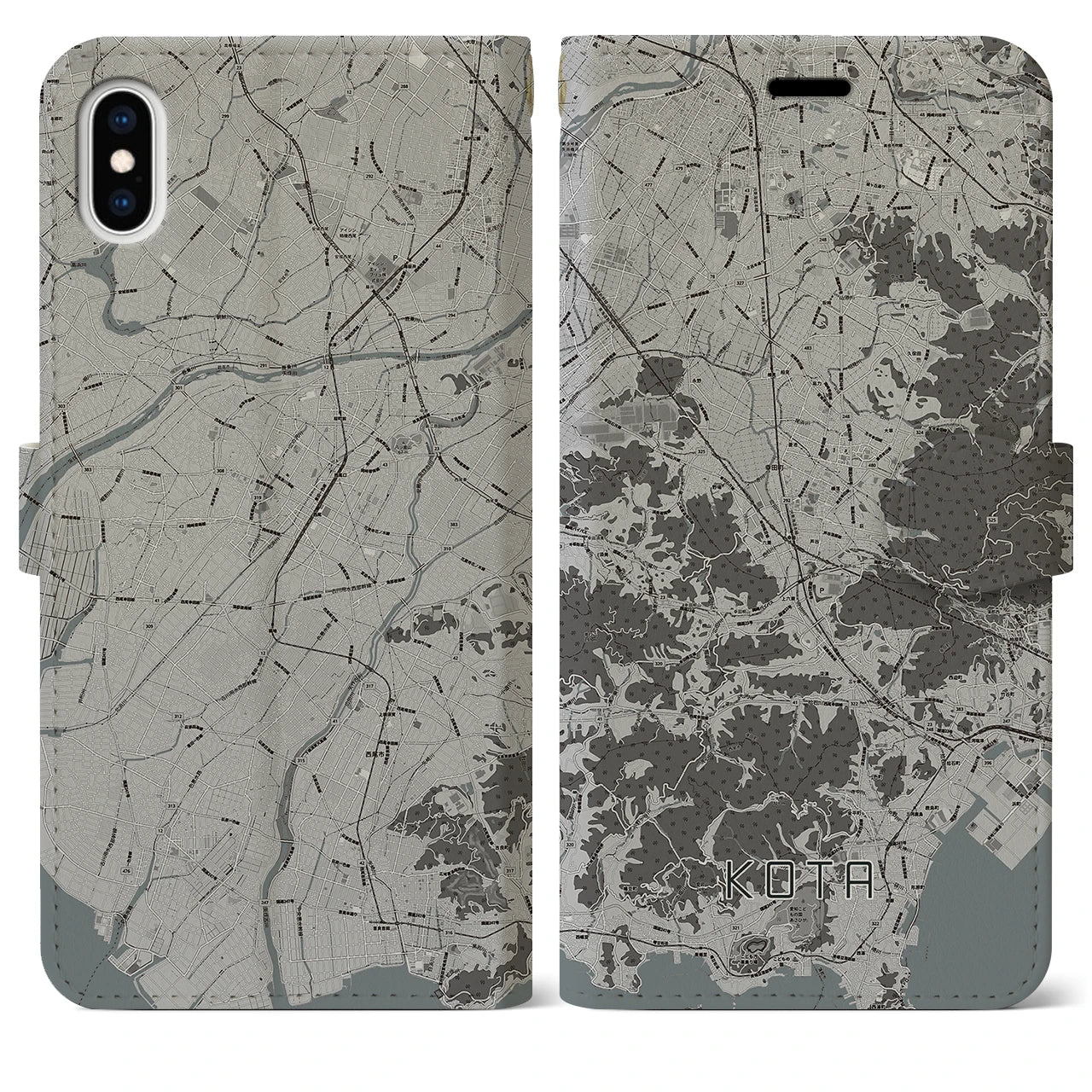 【幸田(愛知県)】地図柄iPhoneケース(手帳タイプ)モノトーン・iPhone XS Max 用
