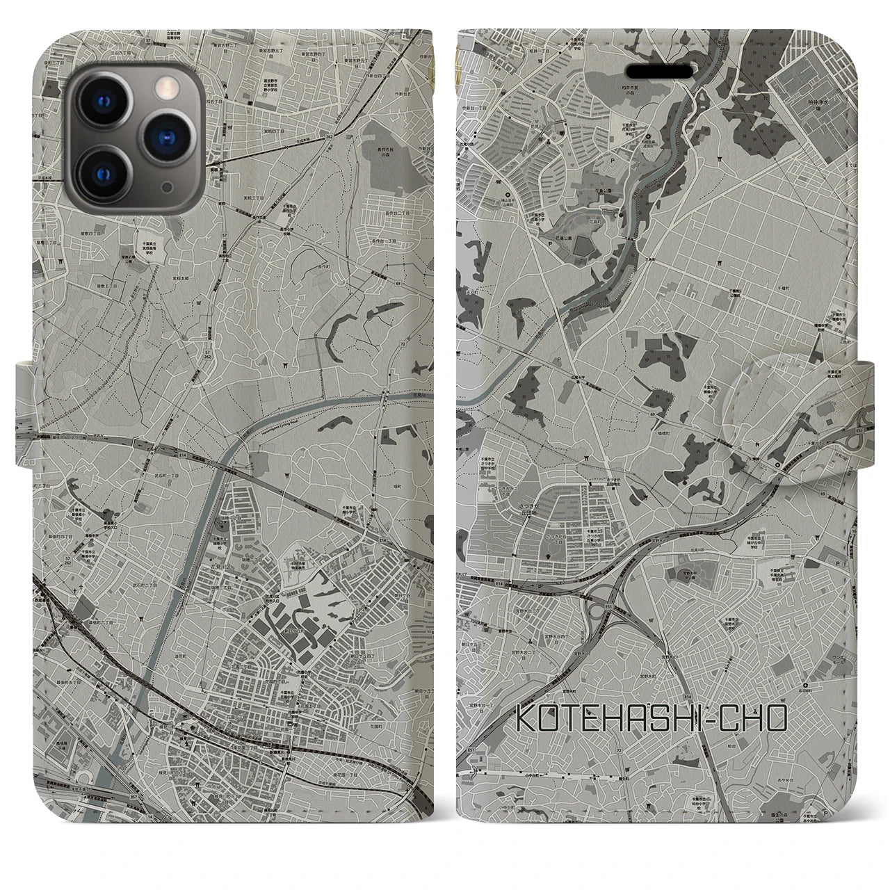 【犢橋町(千葉県)】地図柄iPhoneケース(手帳タイプ)モノトーン・iPhone 11 Pro Max 用