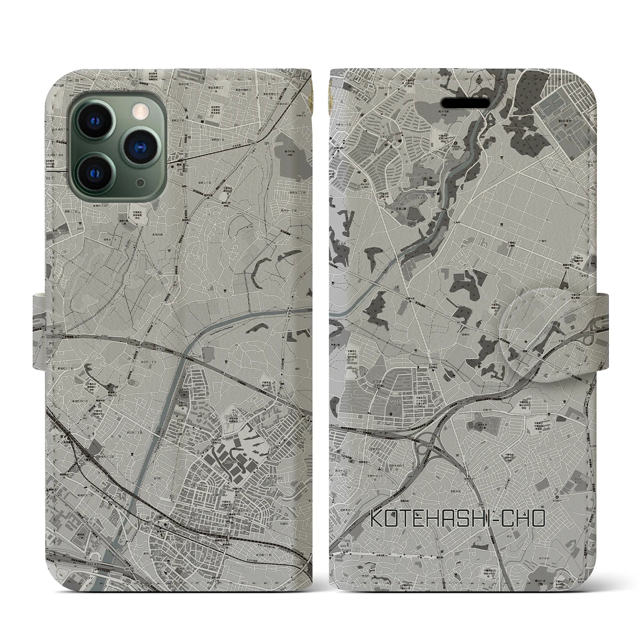 【犢橋町(千葉県)】地図柄iPhoneケース(手帳タイプ)モノトーン・iPhone 11 Pro 用