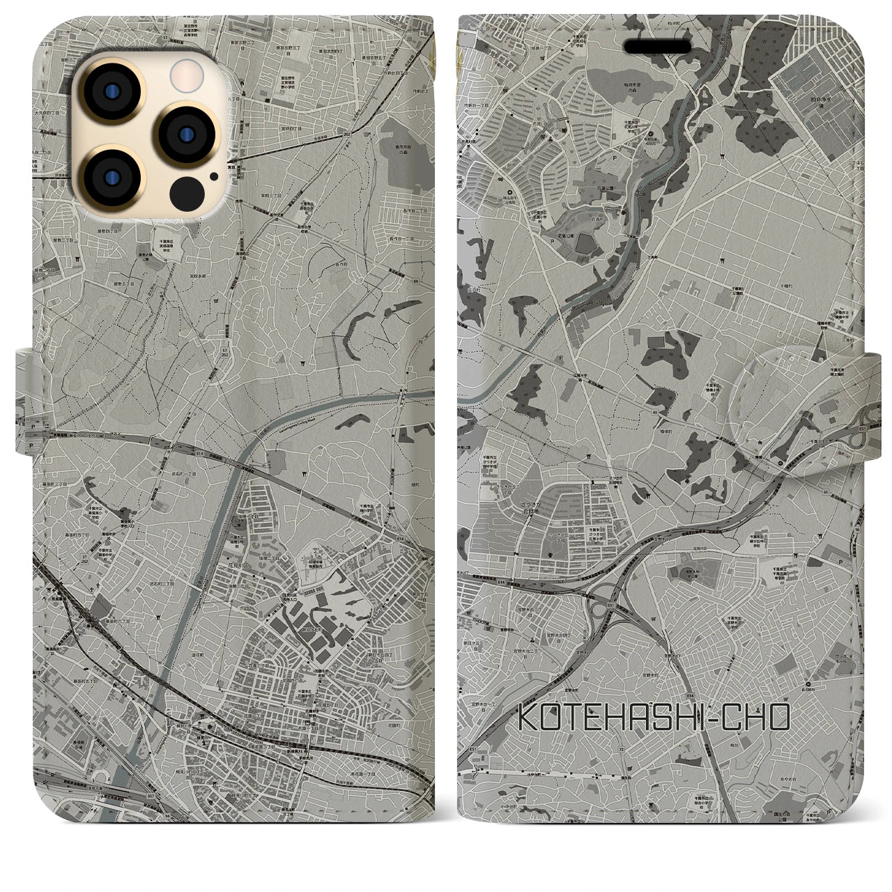 【犢橋町(千葉県)】地図柄iPhoneケース(手帳タイプ)モノトーン・iPhone 12 Pro Max 用