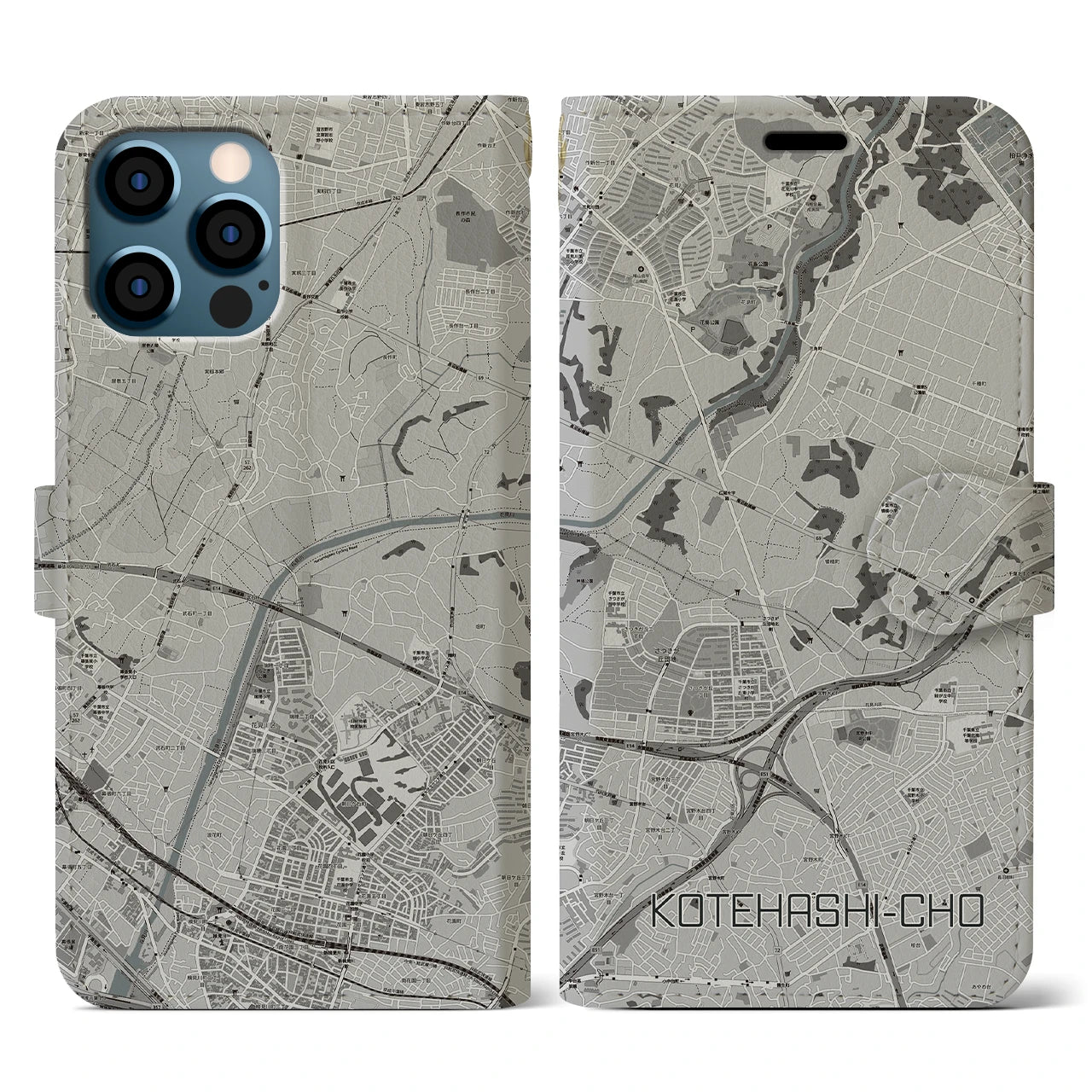 【犢橋町(千葉県)】地図柄iPhoneケース(手帳タイプ)モノトーン・iPhone 12 / 12 Pro 用