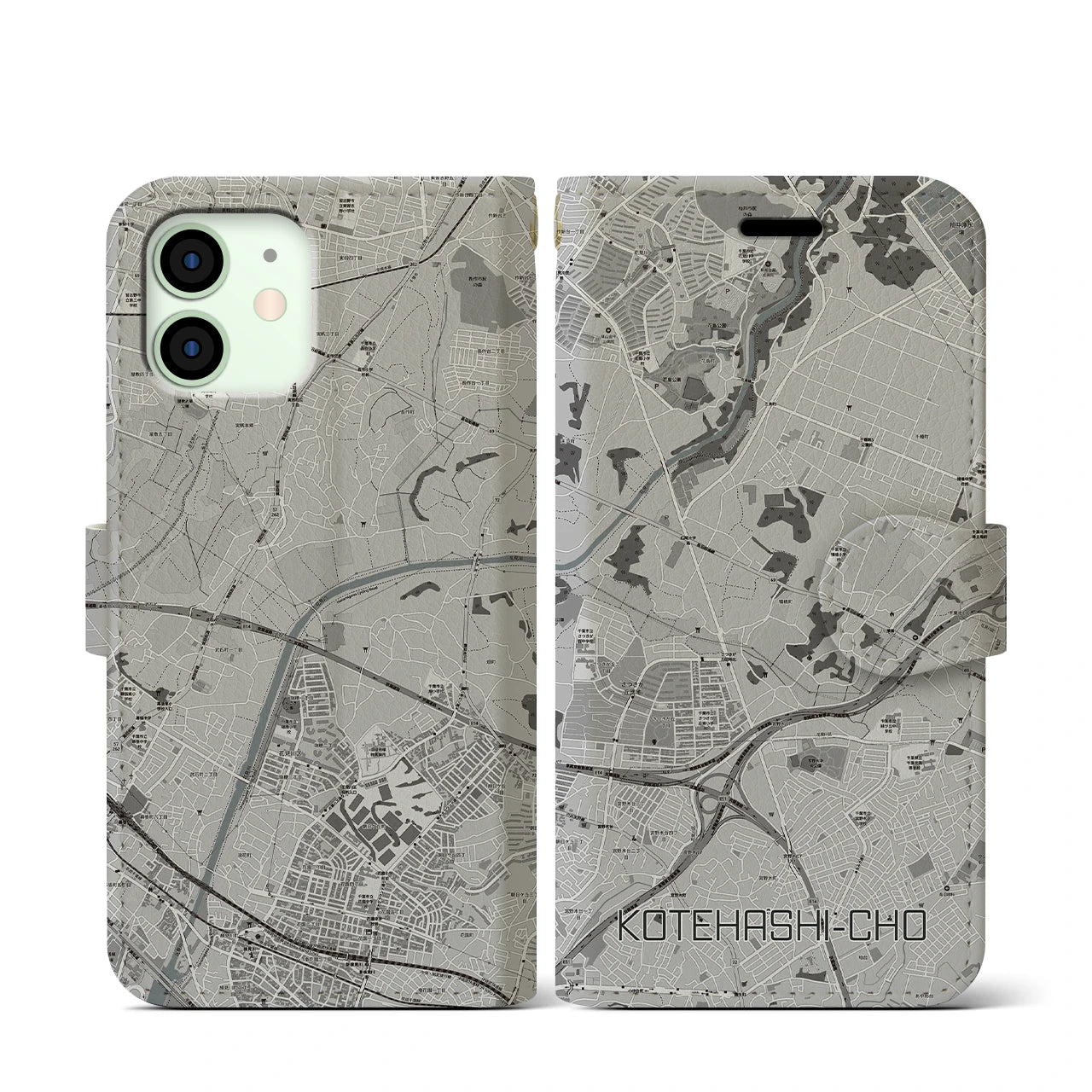 【犢橋町(千葉県)】地図柄iPhoneケース(手帳タイプ)モノトーン・iPhone 12 mini 用