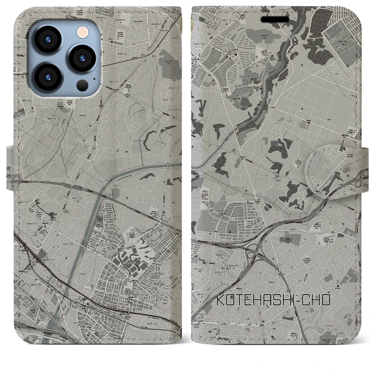 【犢橋町(千葉県)】地図柄iPhoneケース(手帳タイプ)モノトーン・iPhone 13 Pro Max 用