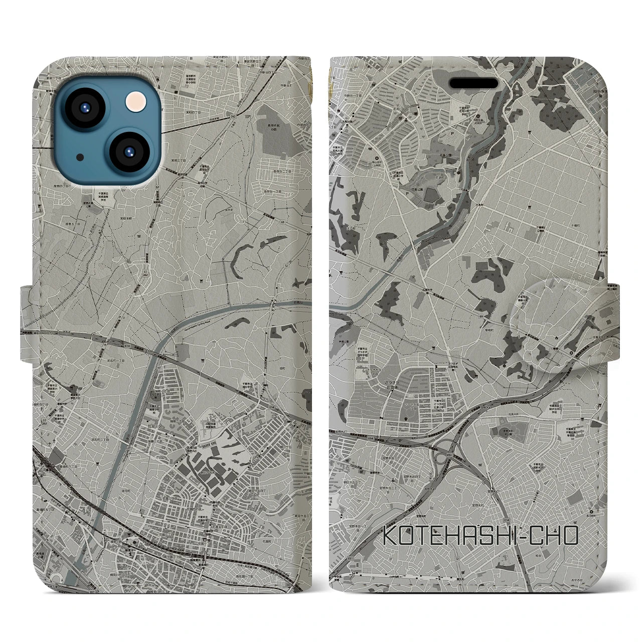 【犢橋町(千葉県)】地図柄iPhoneケース(手帳タイプ)モノトーン・iPhone 13 用