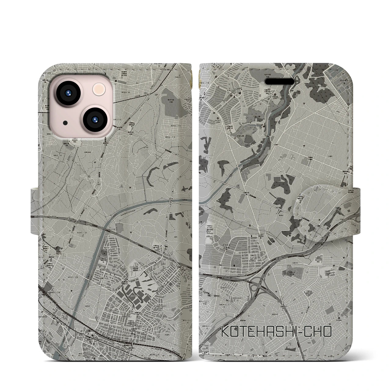 【犢橋町(千葉県)】地図柄iPhoneケース(手帳タイプ)モノトーン・iPhone 13 mini 用