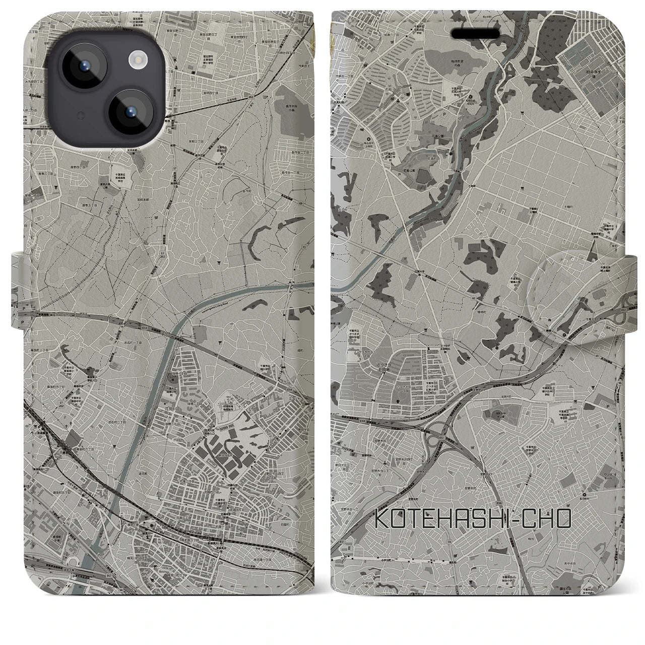 【犢橋町(千葉県)】地図柄iPhoneケース(手帳タイプ)モノトーン・iPhone 14 Plus 用