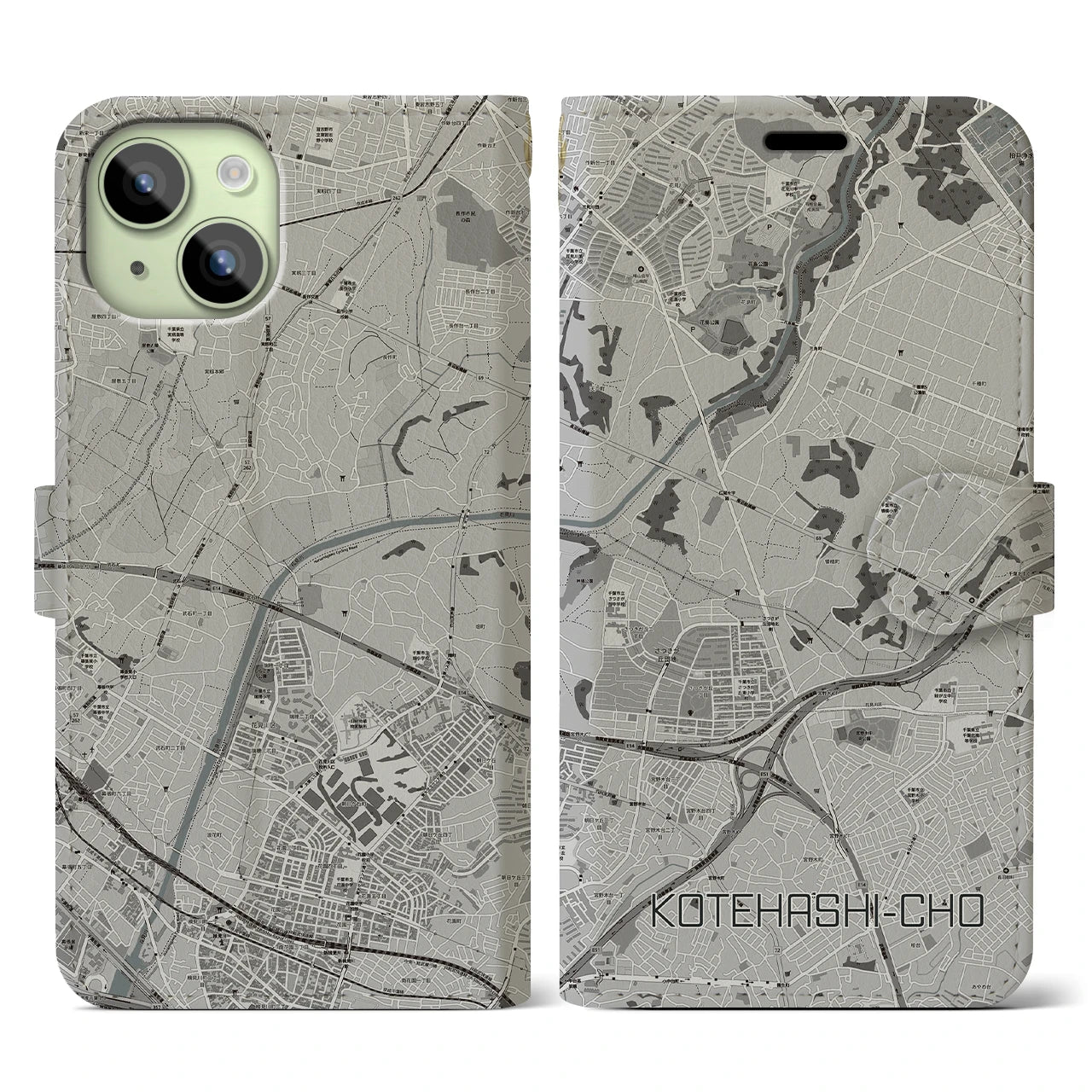 【犢橋町(千葉県)】地図柄iPhoneケース(手帳タイプ)モノトーン・iPhone 15 用