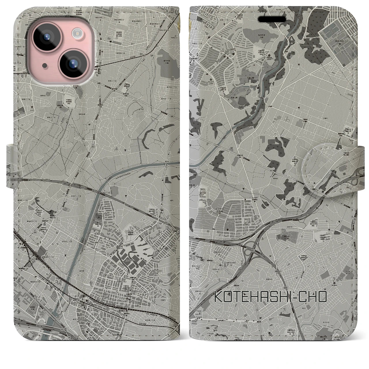 【犢橋町(千葉県)】地図柄iPhoneケース(手帳タイプ)モノトーン・iPhone 15 Plus 用
