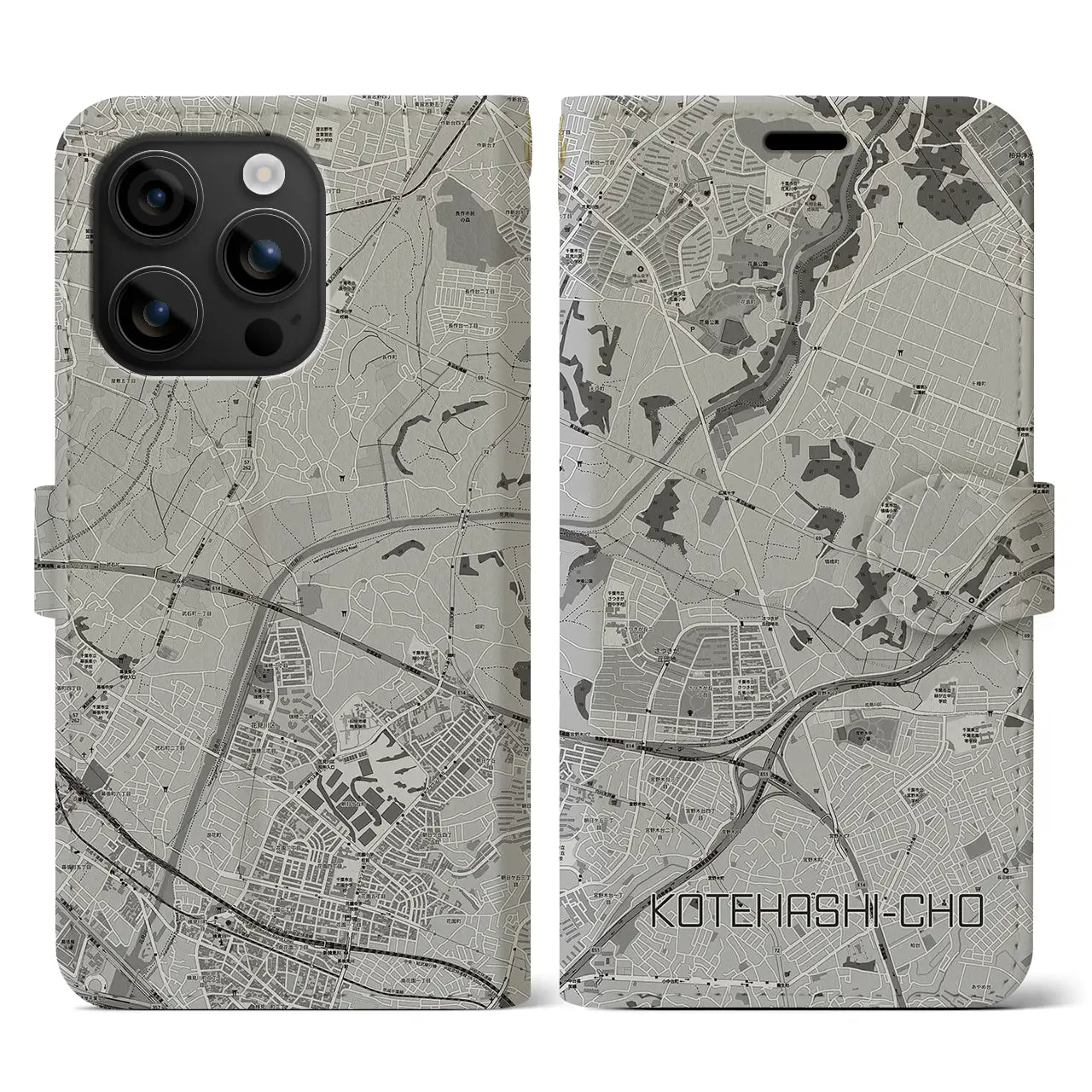 【犢橋町(千葉県)】地図柄iPhoneケース(手帳タイプ)モノトーン・iPhone 16 用