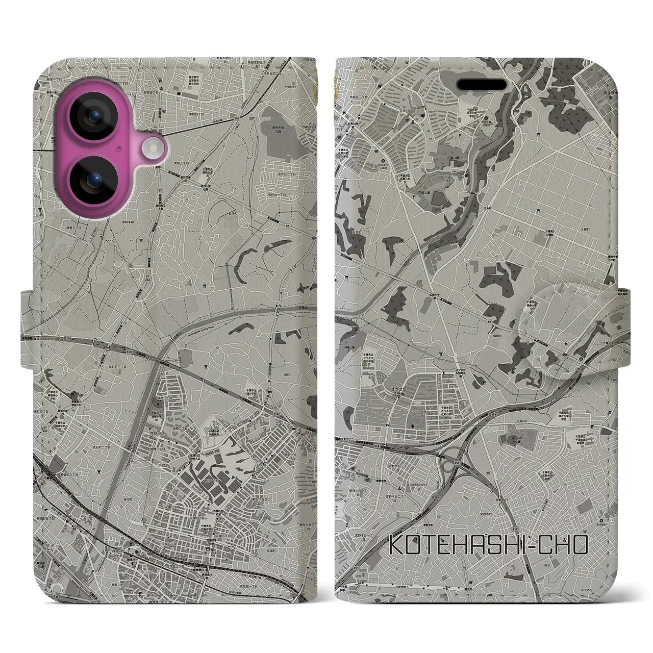 【犢橋町(千葉県)】地図柄iPhoneケース(手帳タイプ)モノトーン・iPhone 16 Pro 用