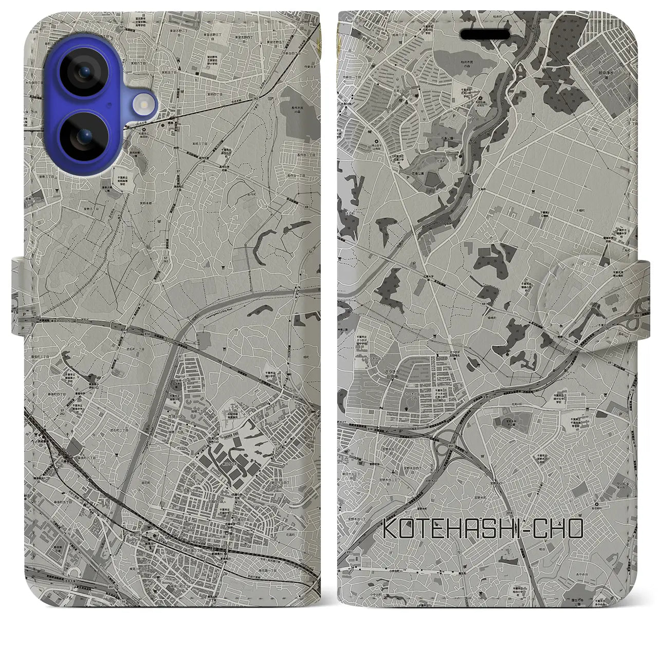 【犢橋町(千葉県)】地図柄iPhoneケース(手帳タイプ)モノトーン・iPhone 16 Pro Max 用