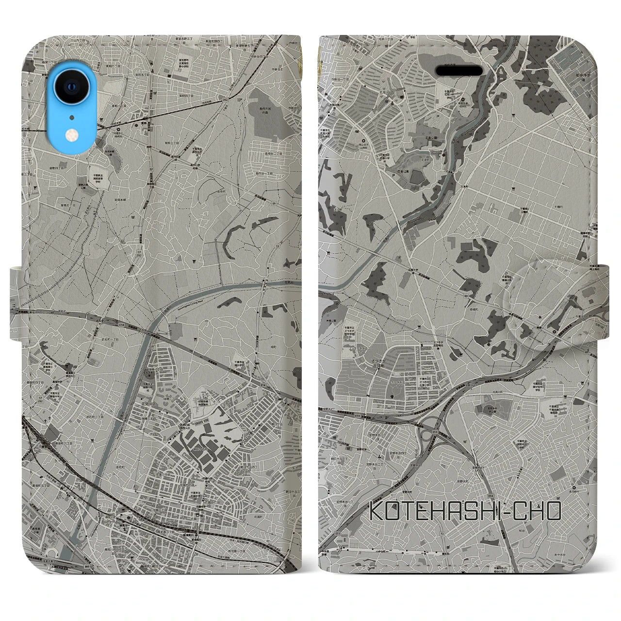 【犢橋町(千葉県)】地図柄iPhoneケース(手帳タイプ)モノトーン・iPhone XR 用