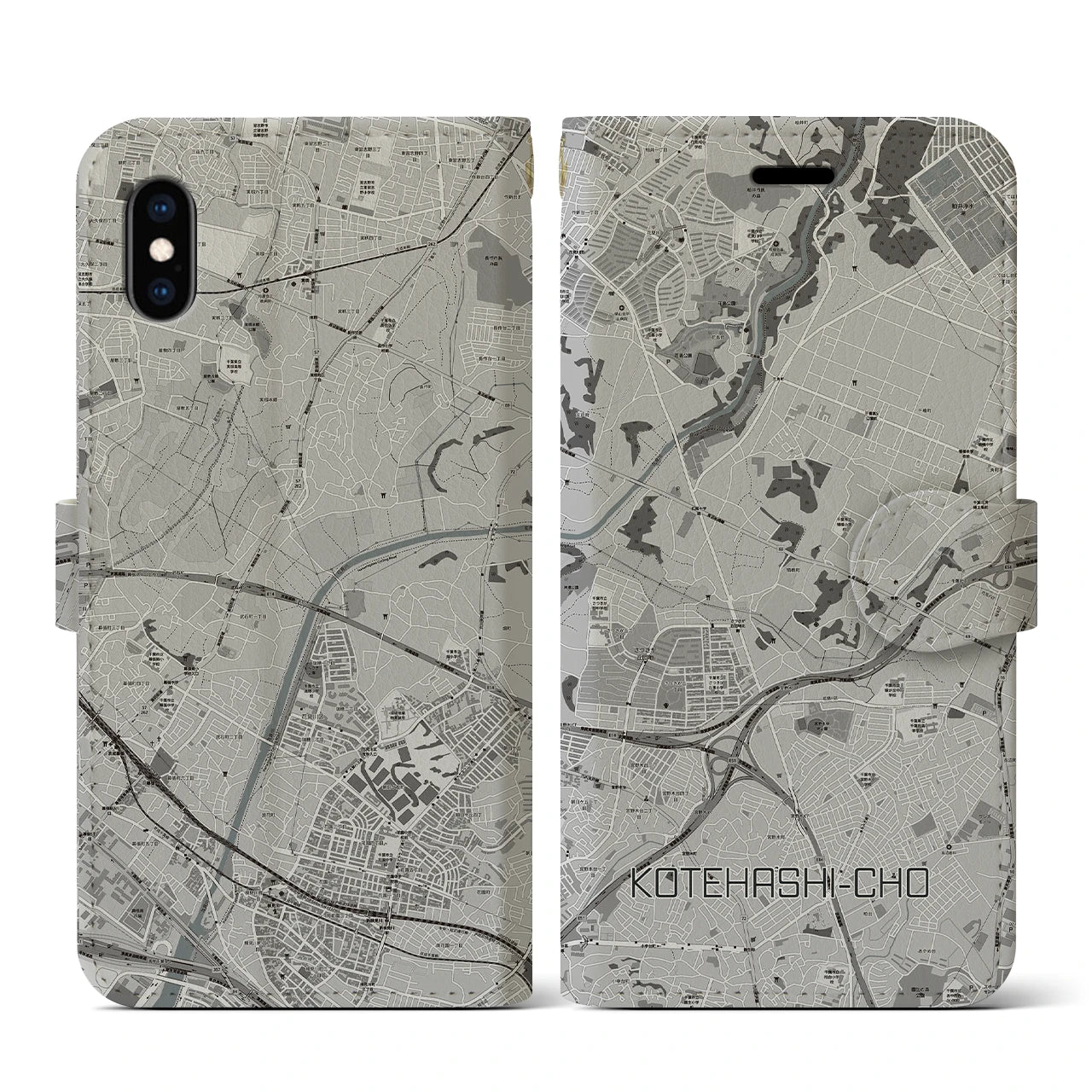 【犢橋町(千葉県)】地図柄iPhoneケース(手帳タイプ)モノトーン・iPhone XS / X 用