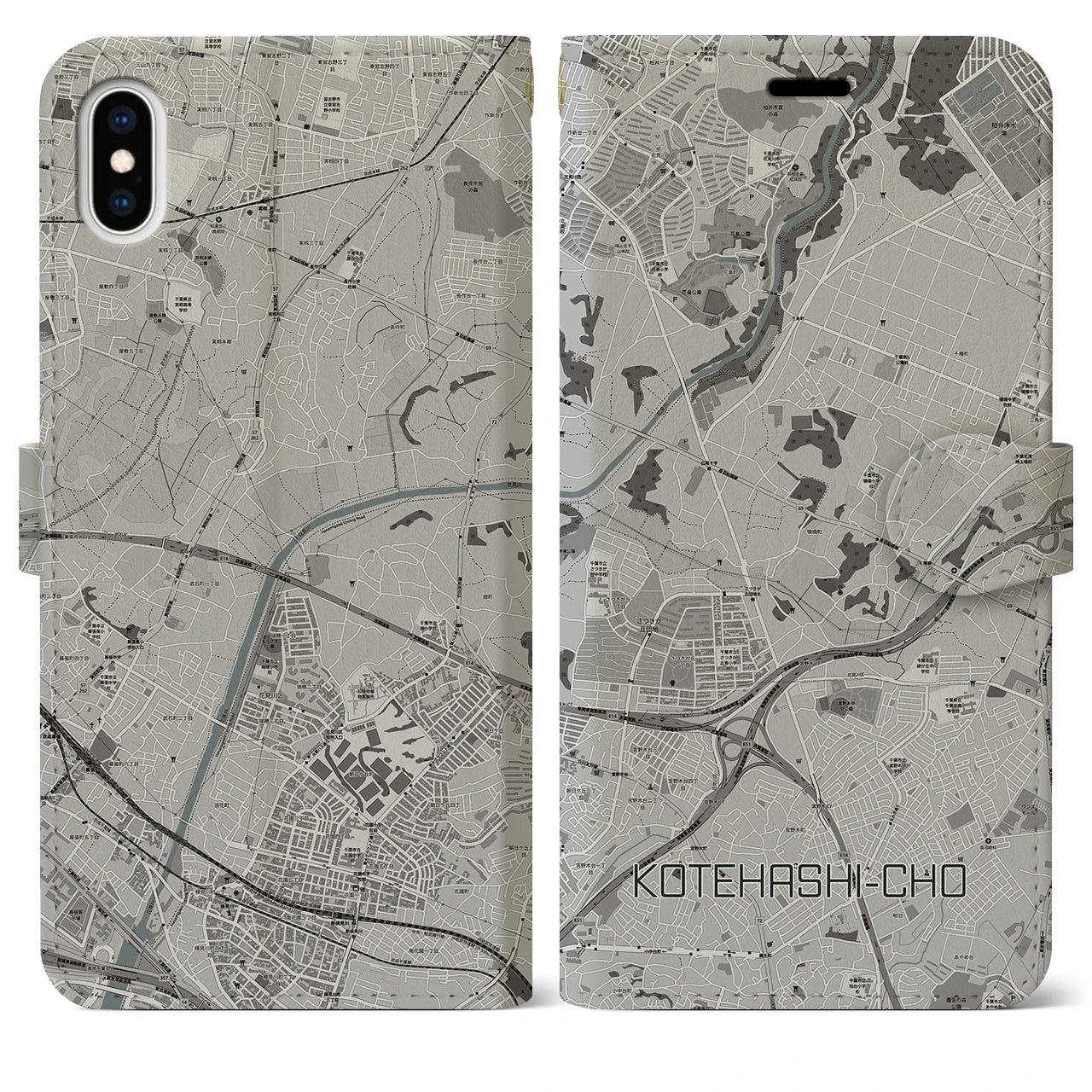【犢橋町(千葉県)】地図柄iPhoneケース(手帳タイプ)モノトーン・iPhone XS Max 用