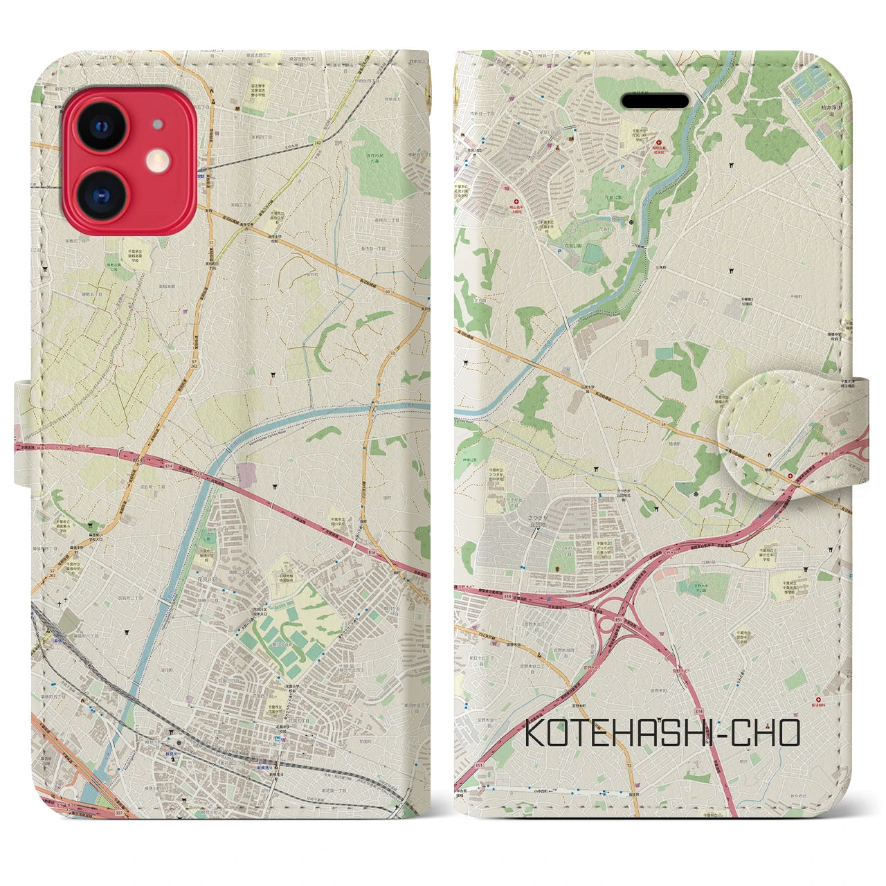 【犢橋町(千葉県)】地図柄iPhoneケース(手帳タイプ)ナチュラル・iPhone 11 用
