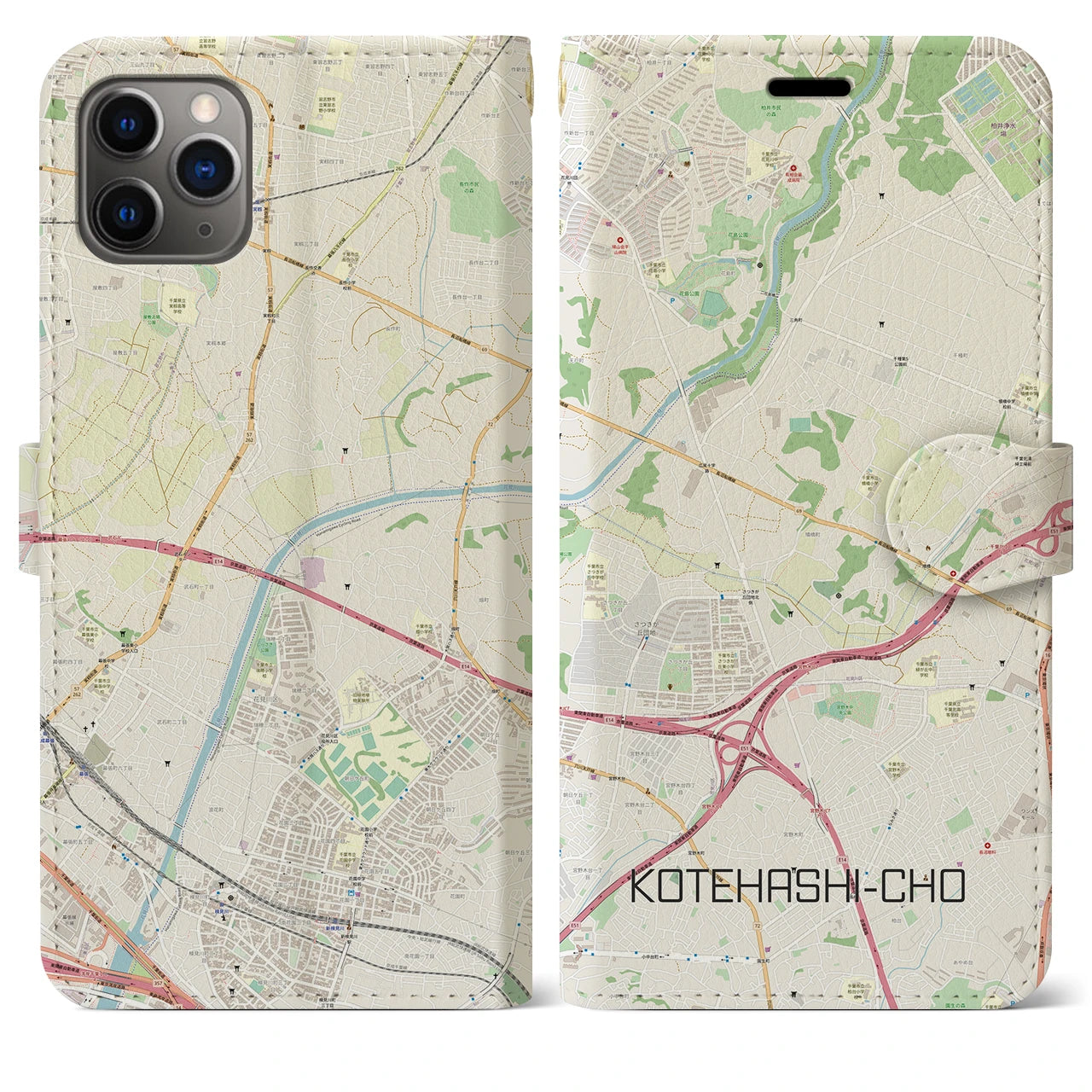 【犢橋町(千葉県)】地図柄iPhoneケース(手帳タイプ)ナチュラル・iPhone 11 Pro Max 用