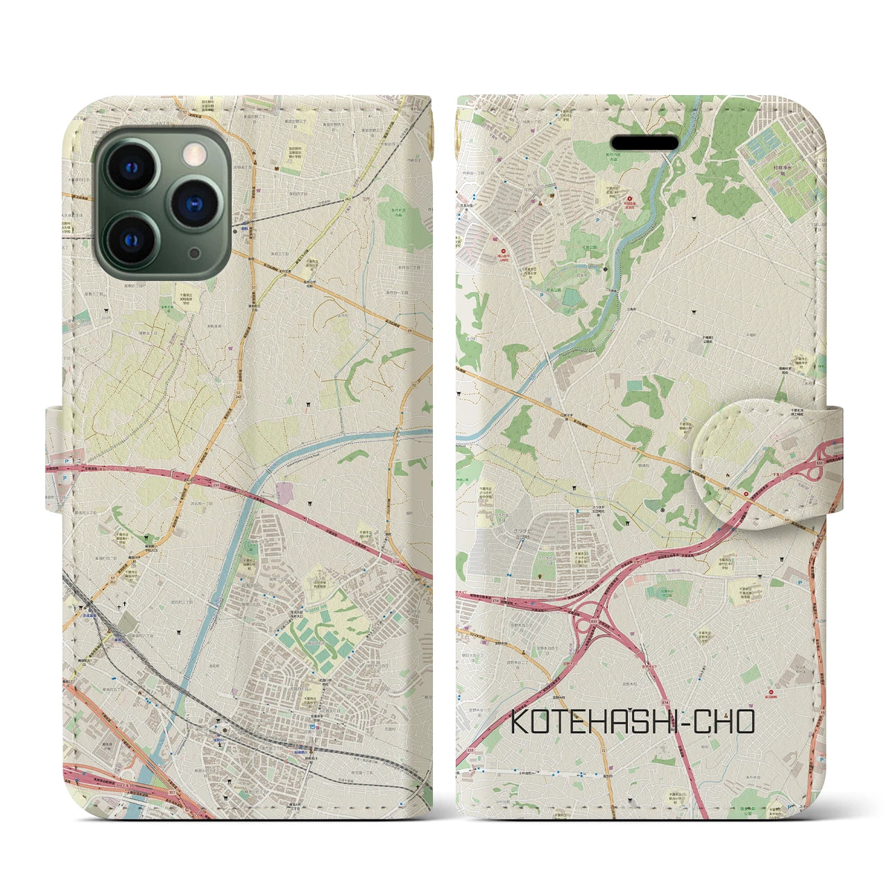 【犢橋町(千葉県)】地図柄iPhoneケース(手帳タイプ)ナチュラル・iPhone 11 Pro 用