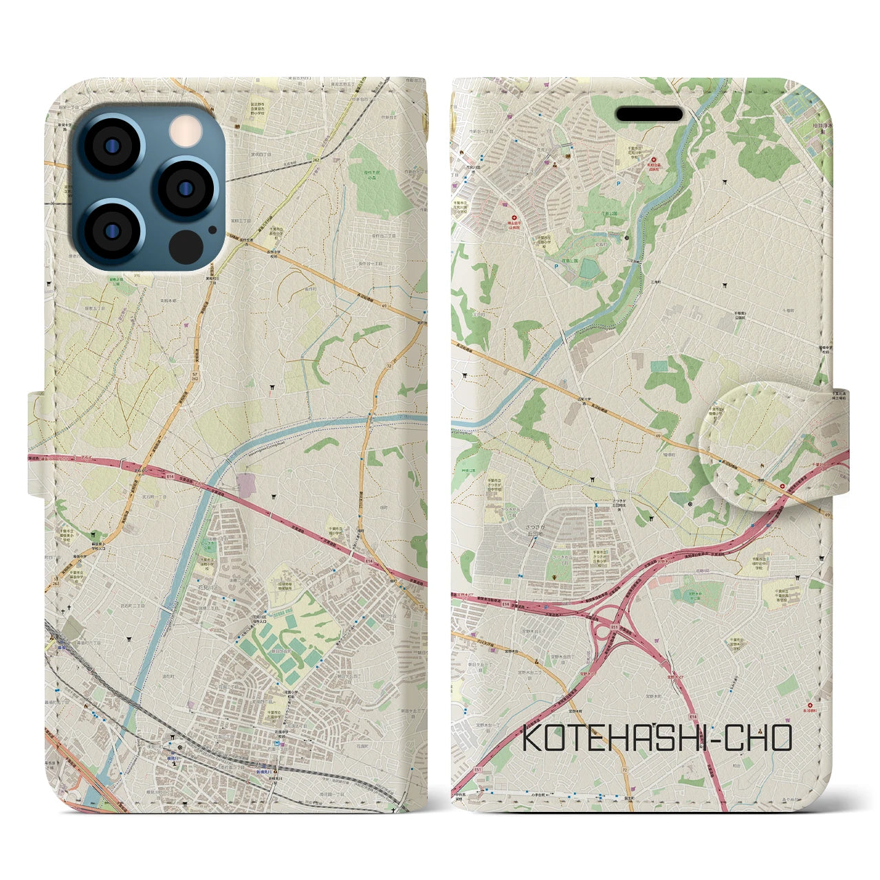【犢橋町(千葉県)】地図柄iPhoneケース(手帳タイプ)ナチュラル・iPhone 12 / 12 Pro 用
