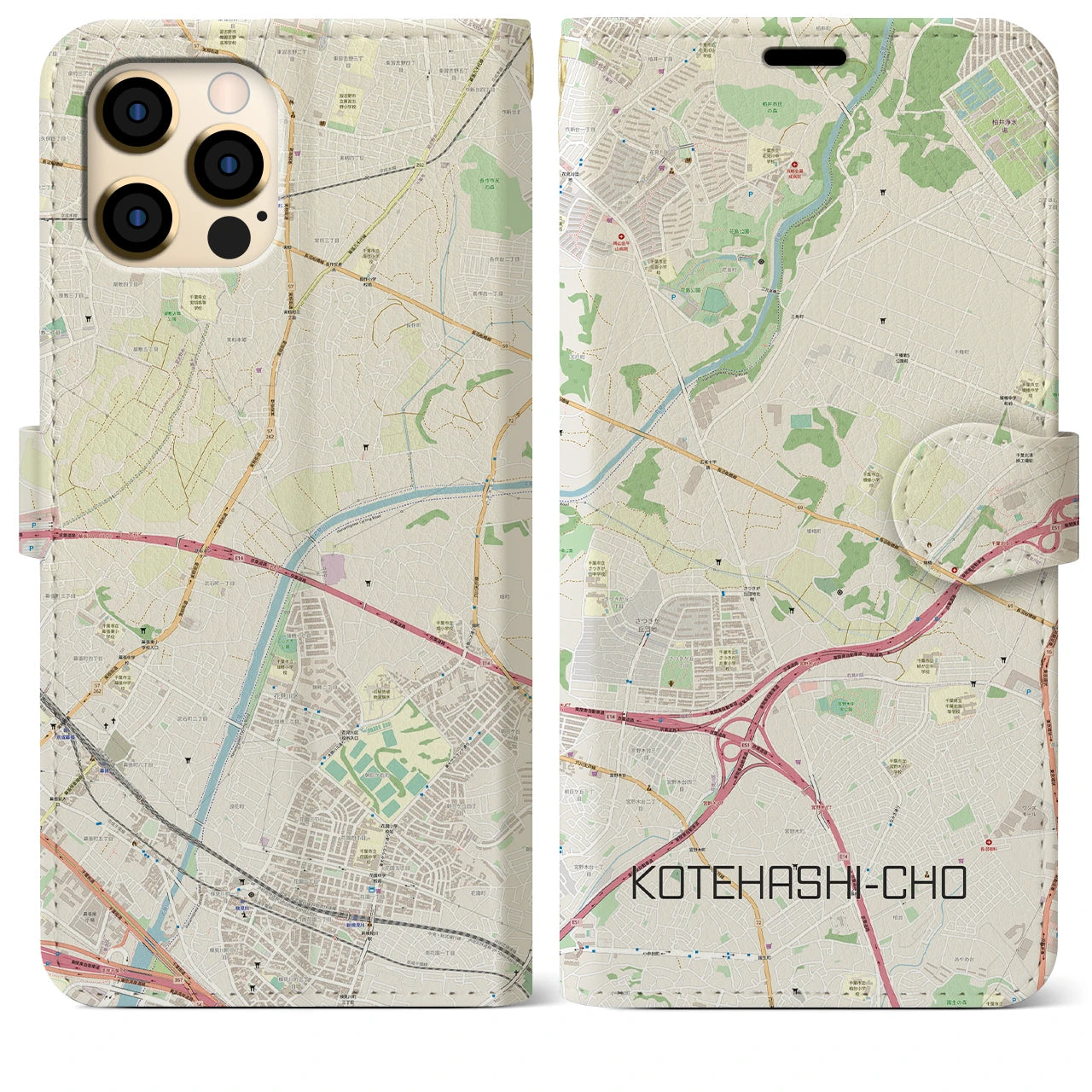 【犢橋町(千葉県)】地図柄iPhoneケース(手帳タイプ)ナチュラル・iPhone 12 Pro Max 用